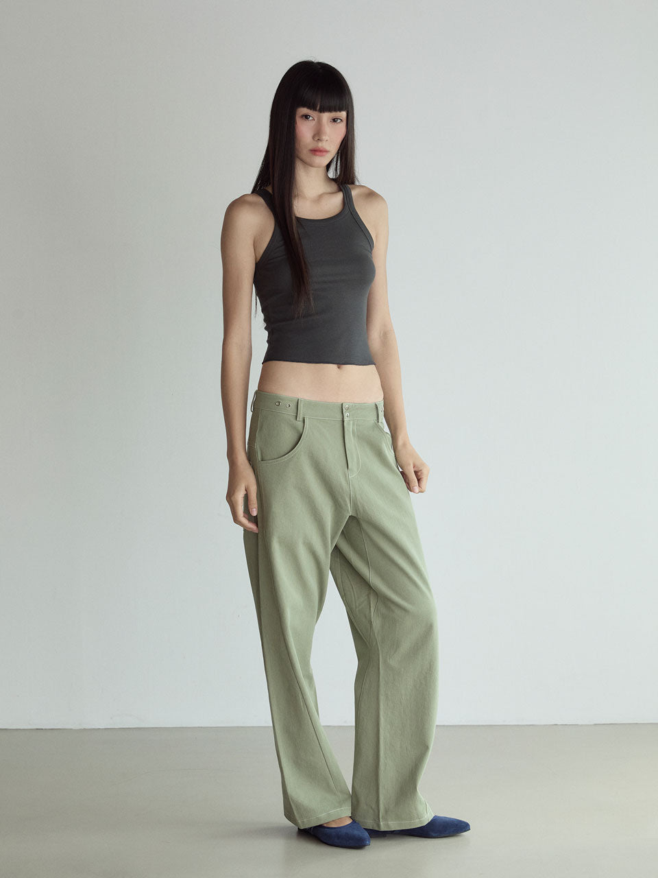 STITCH LOWRISE COTTON PANTS_GREEN