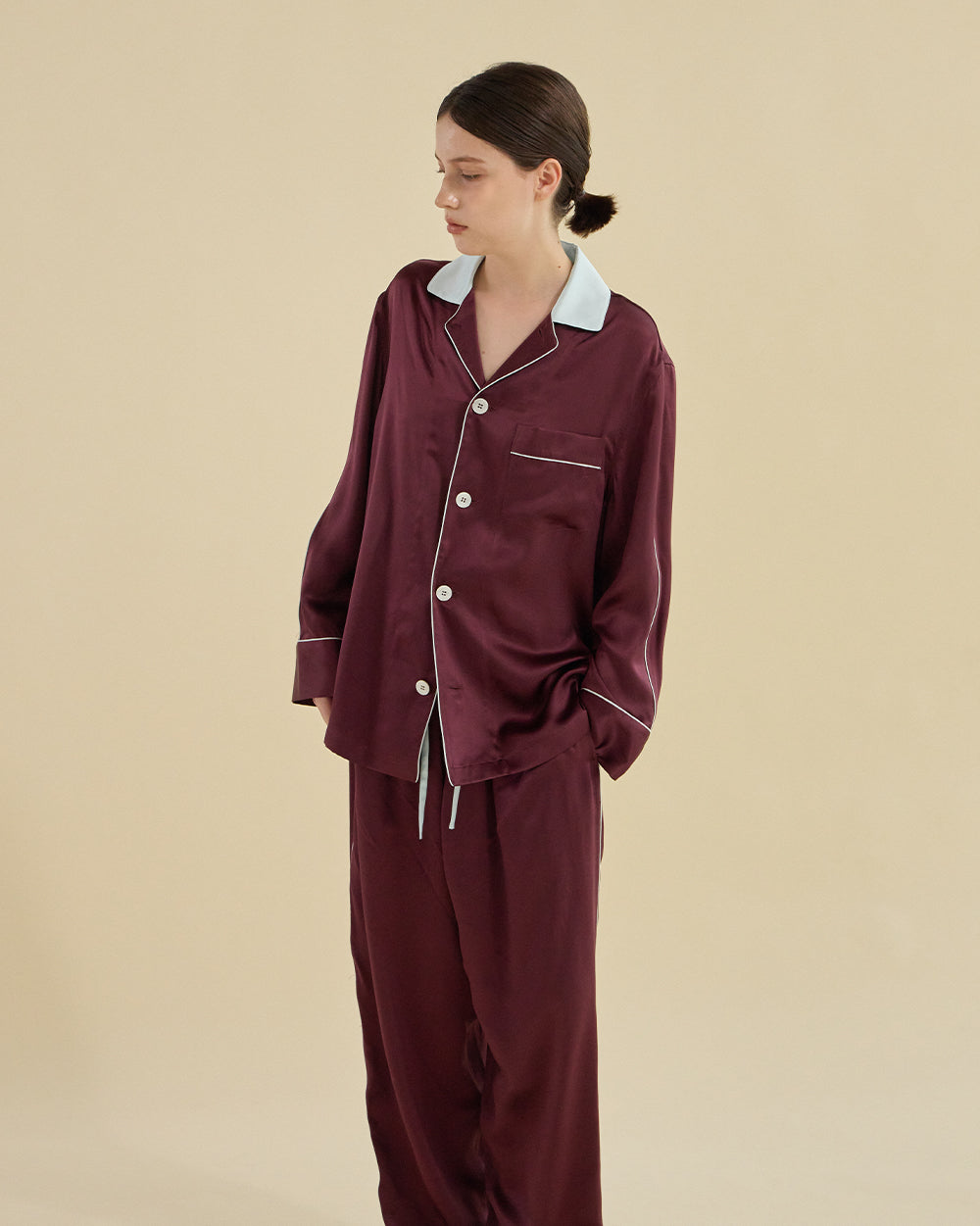 WINE VELVET SILK PAJAMA_BURGUNDY
