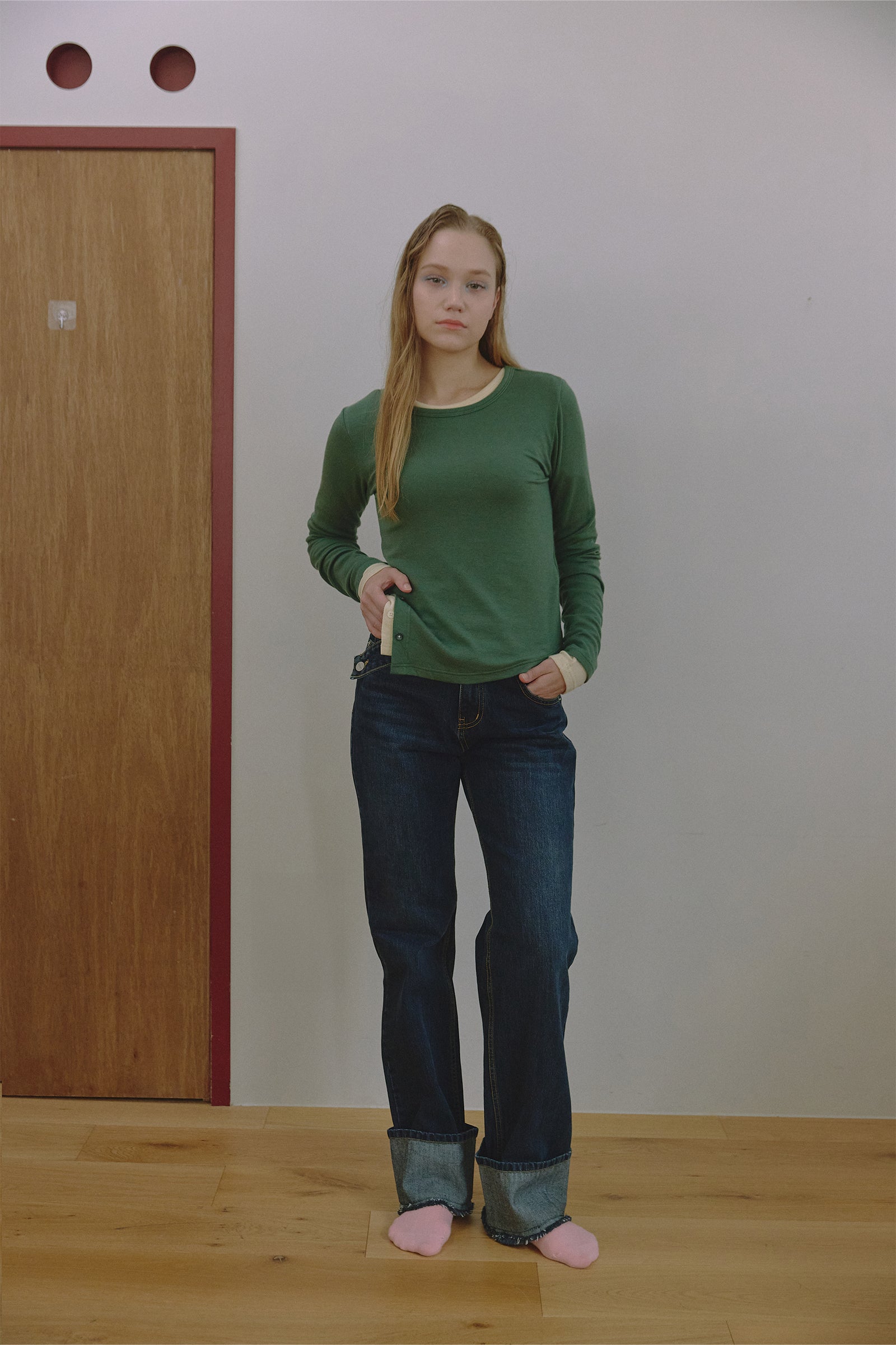 SIDE SLIT WOOL LONG SLEEVE T-SHIRT_GREEN