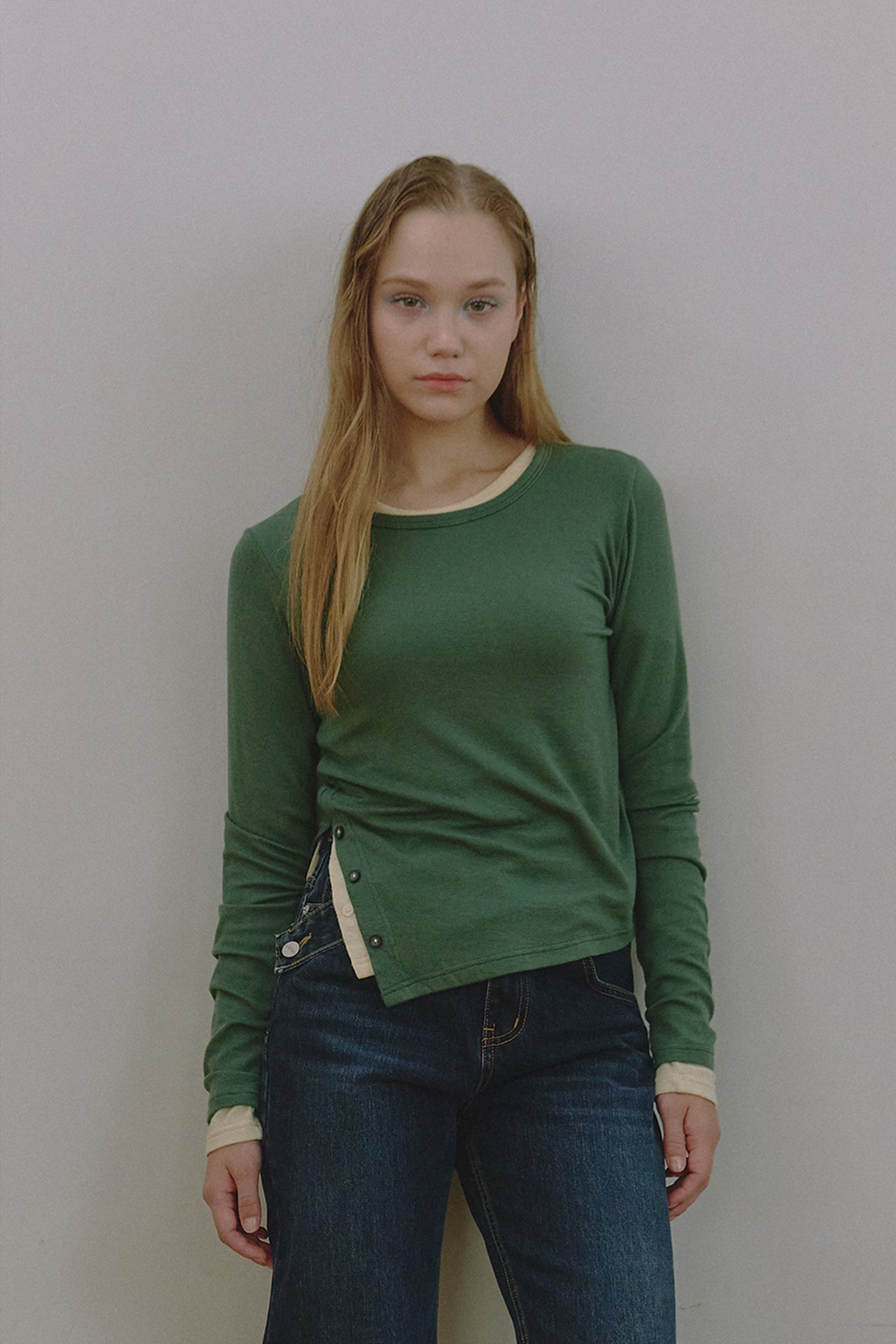 SIDE SLIT WOOL LONG SLEEVE T-SHIRT_GREEN