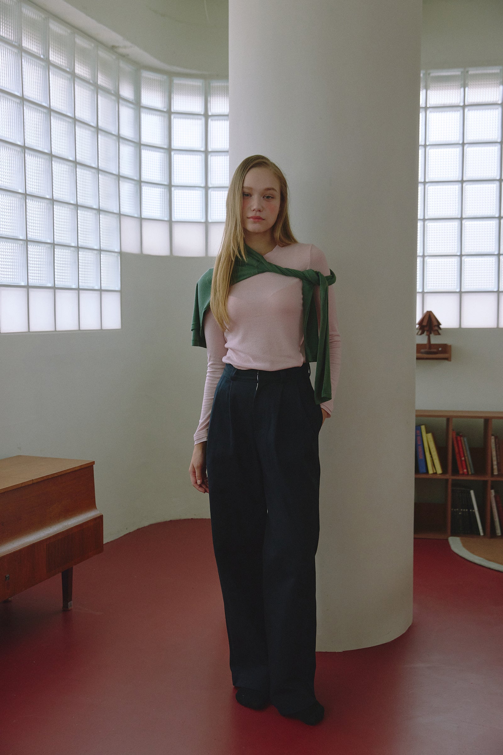 CUTTING LINE WOOL BLEND LONG SLEEVE TOP_PINK