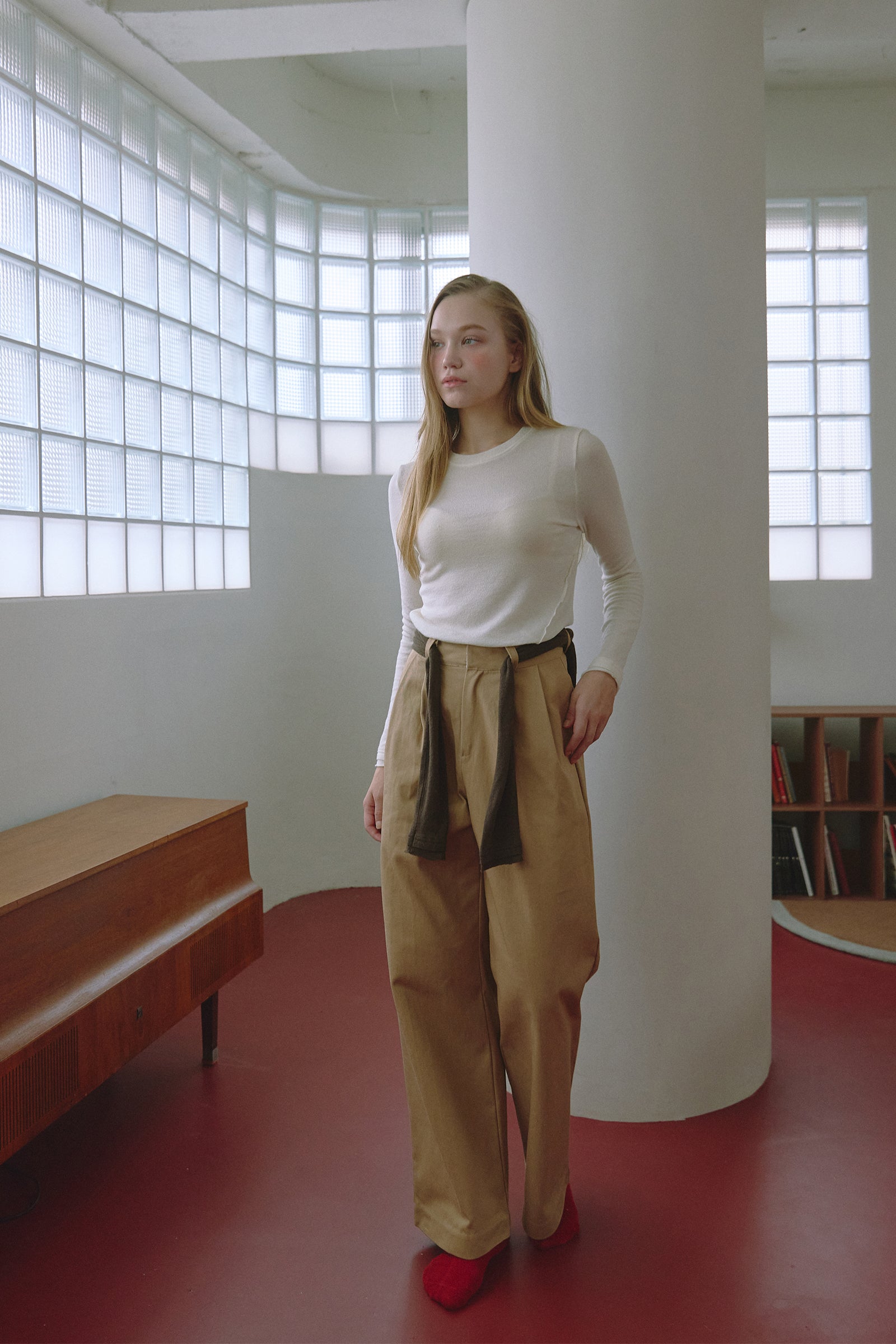 CUTTING LINE WOOL BLEND LONG SLEEVE TOP_IVORY