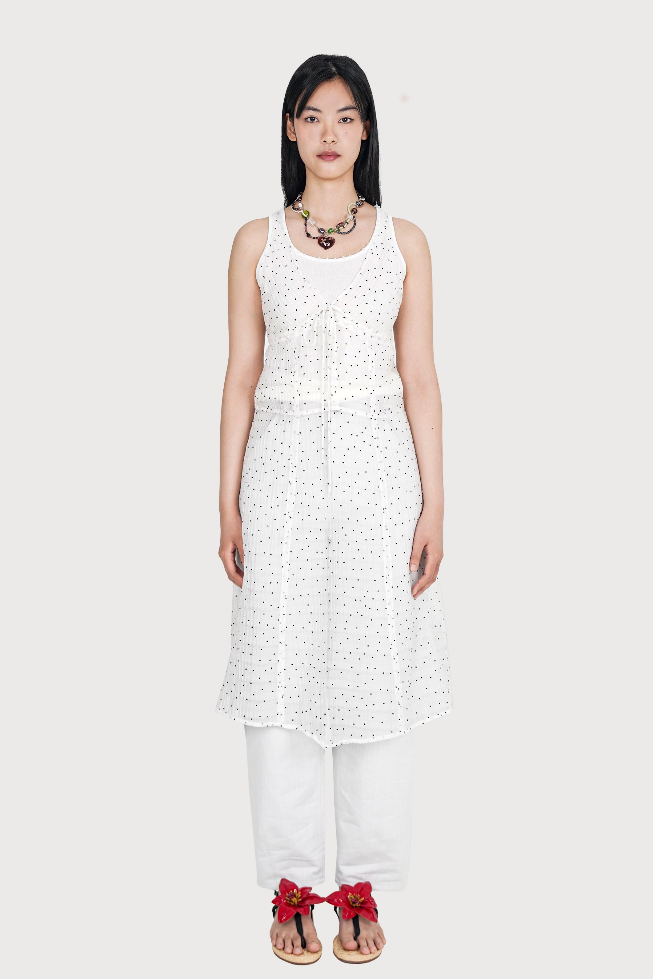 SHEER GRID DOTTED MIDI SLIP DRESS_WHITE