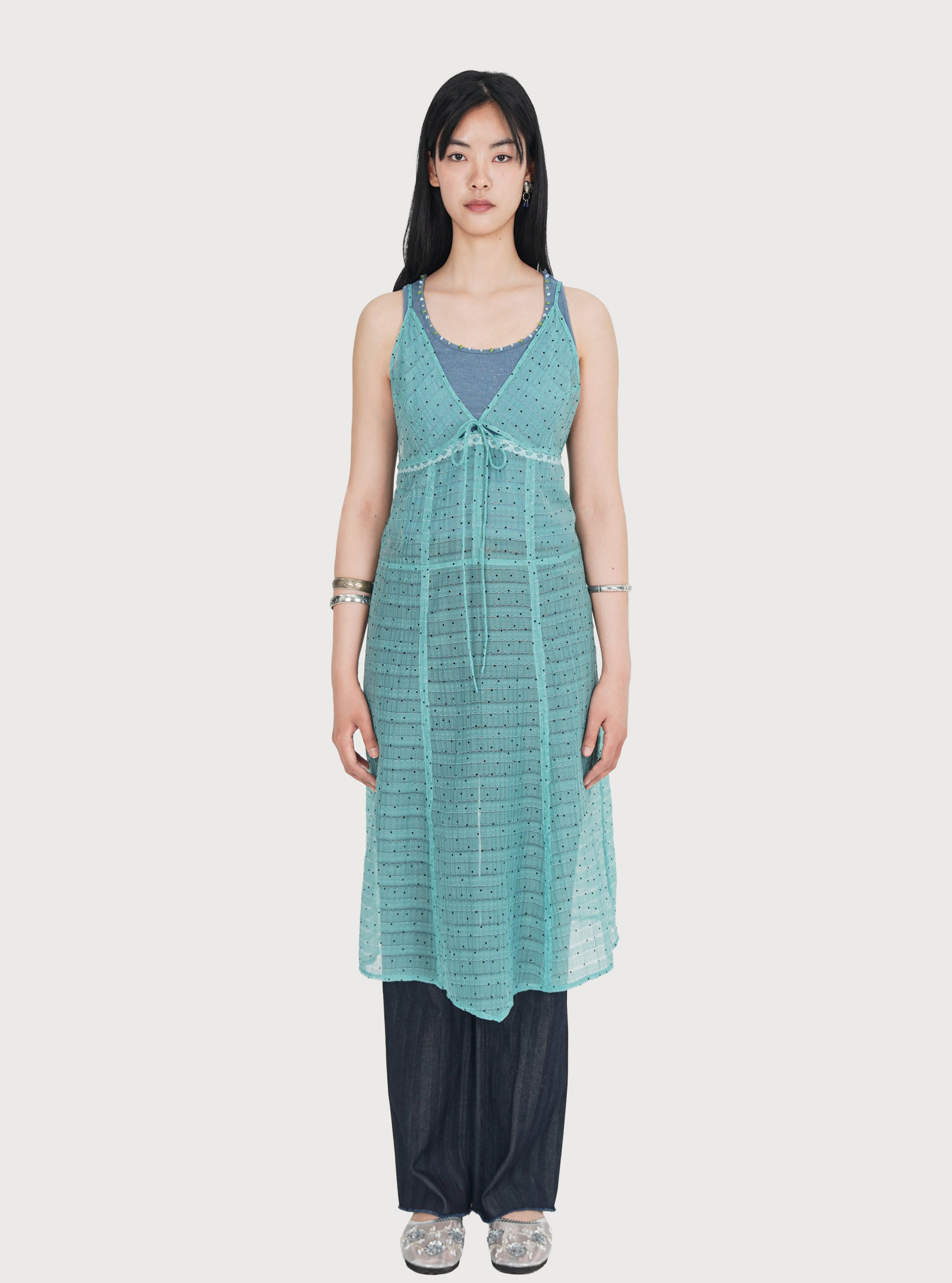 SHEER GRID DOTTED MIDI SLIP DRESS_TURQUOISE