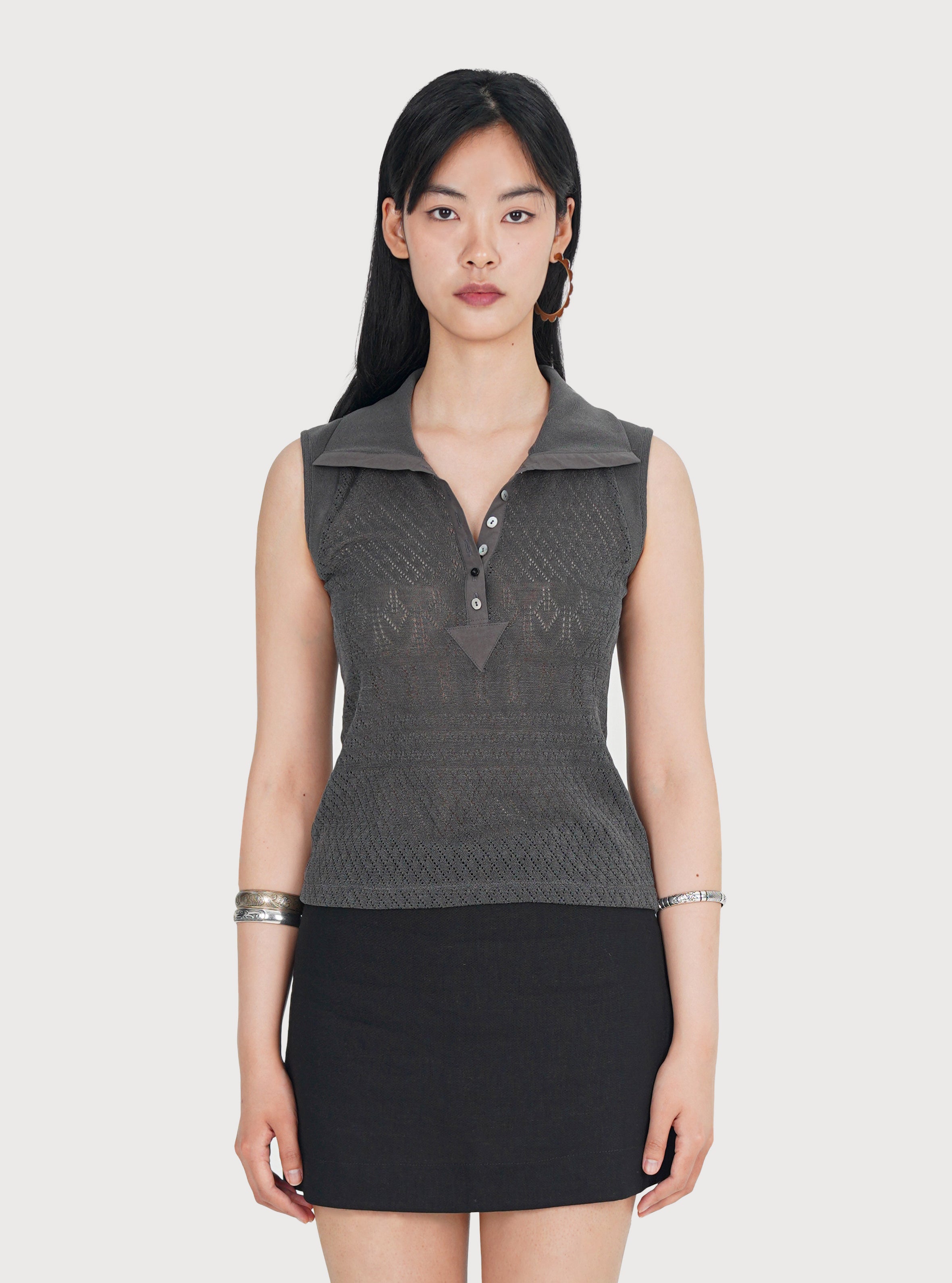 EYELET COTTON JERSEY POLO TOP_CHARCOAL