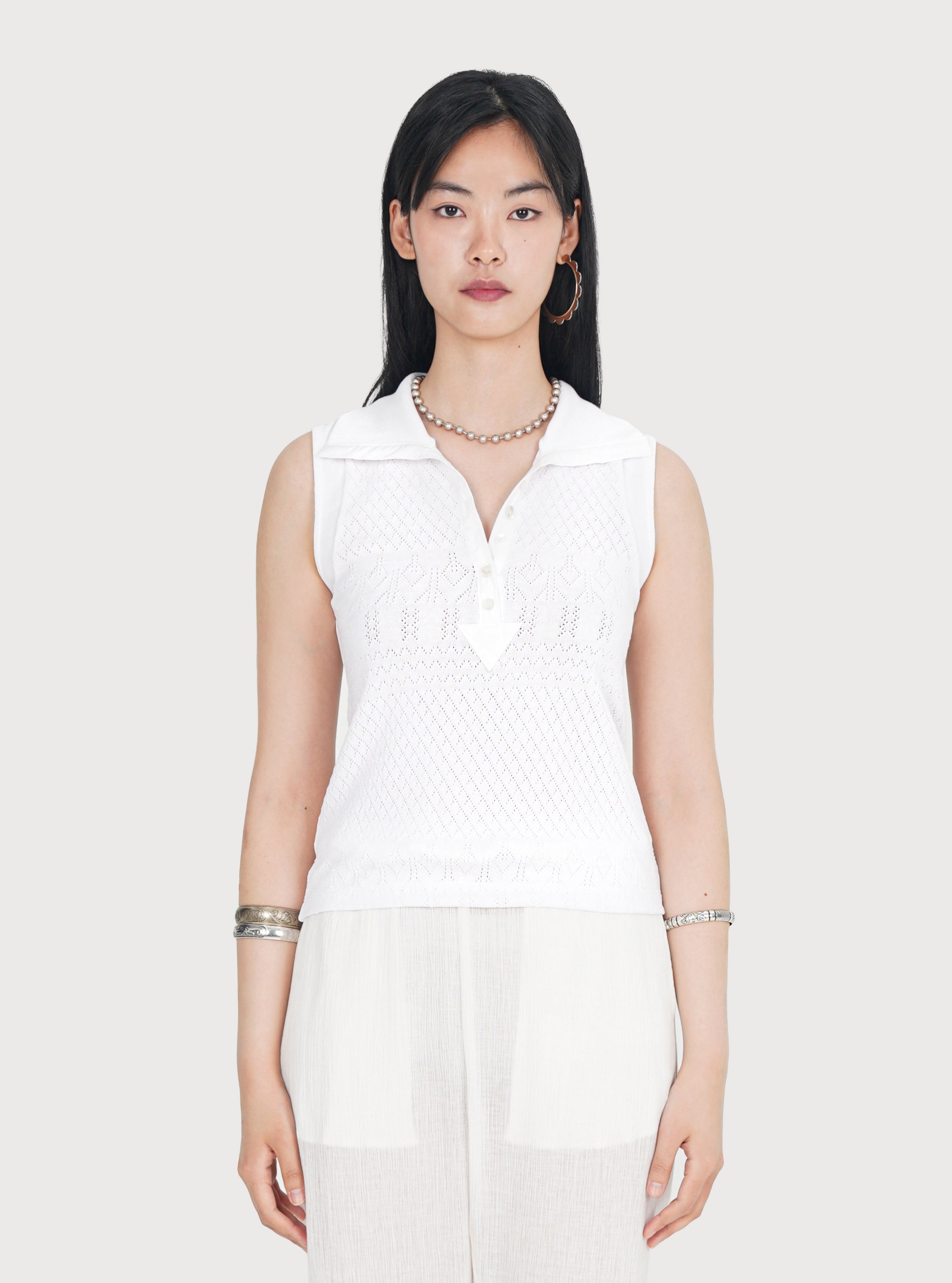 EYELET COTTON JERSEY POLO TOP_WHITE