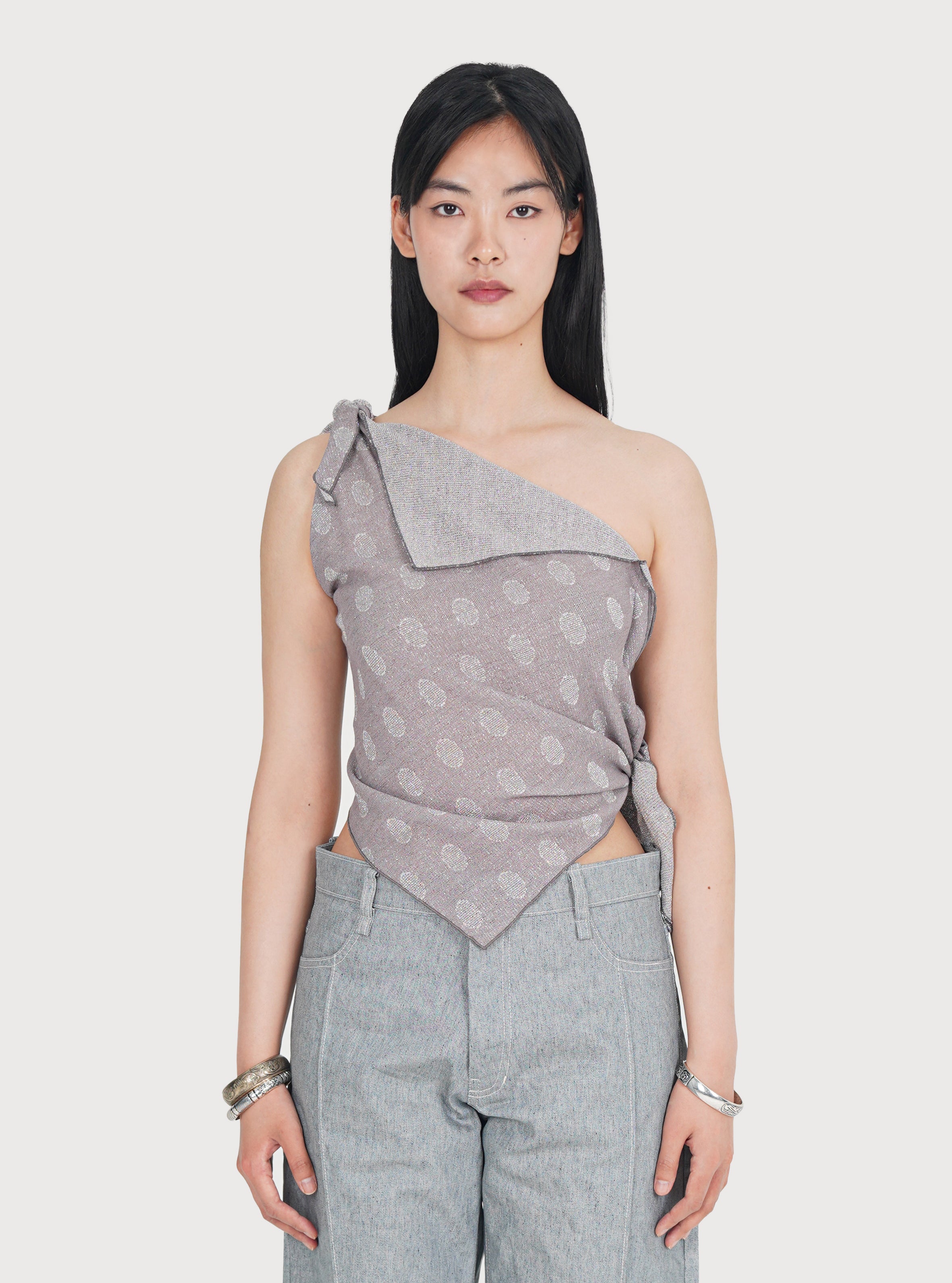 METALLIC WRAP SCARF JERSEY TOP_GREY