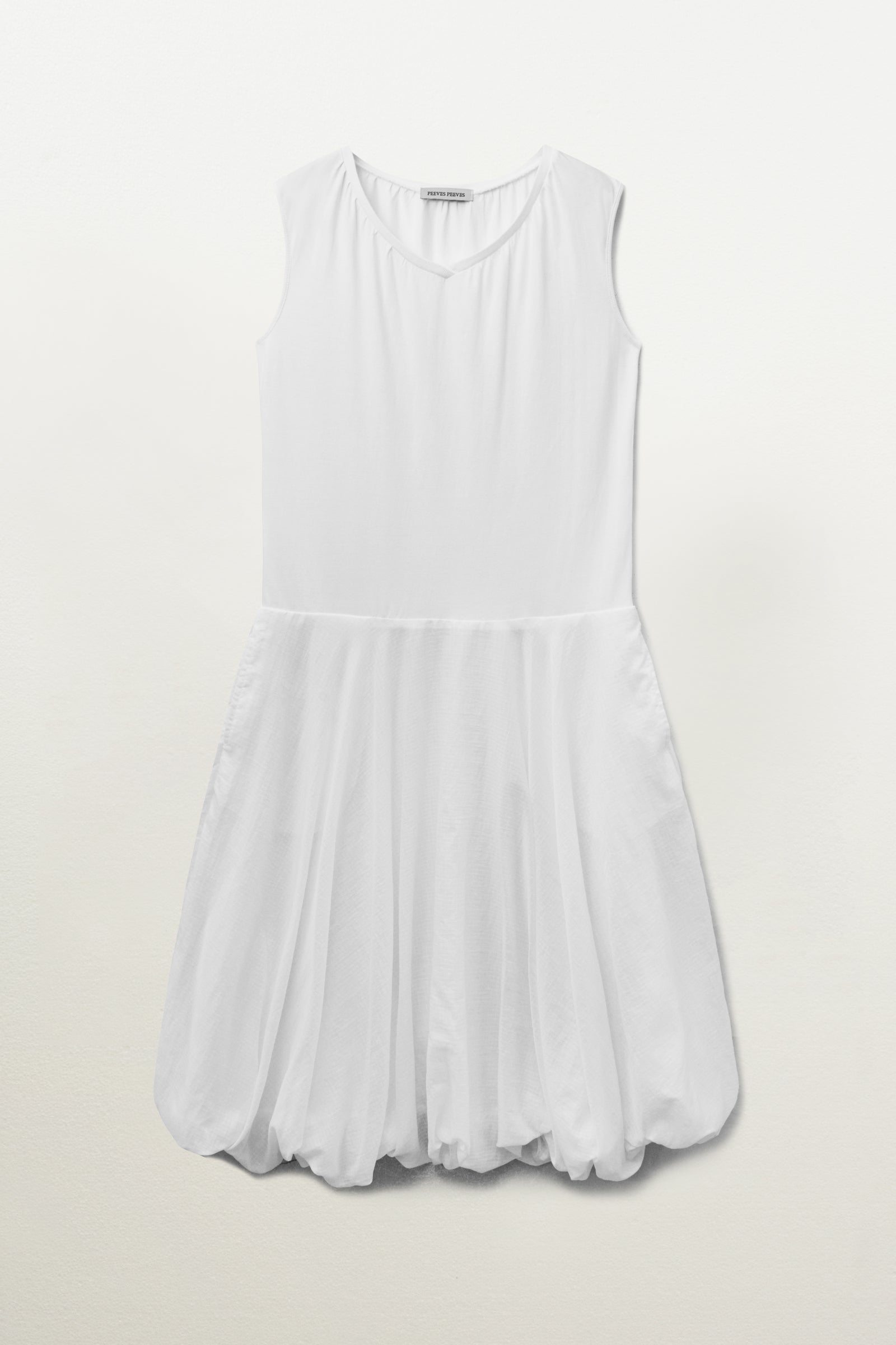SHIRRED V-NECK VOLUME DRESS_WHITE