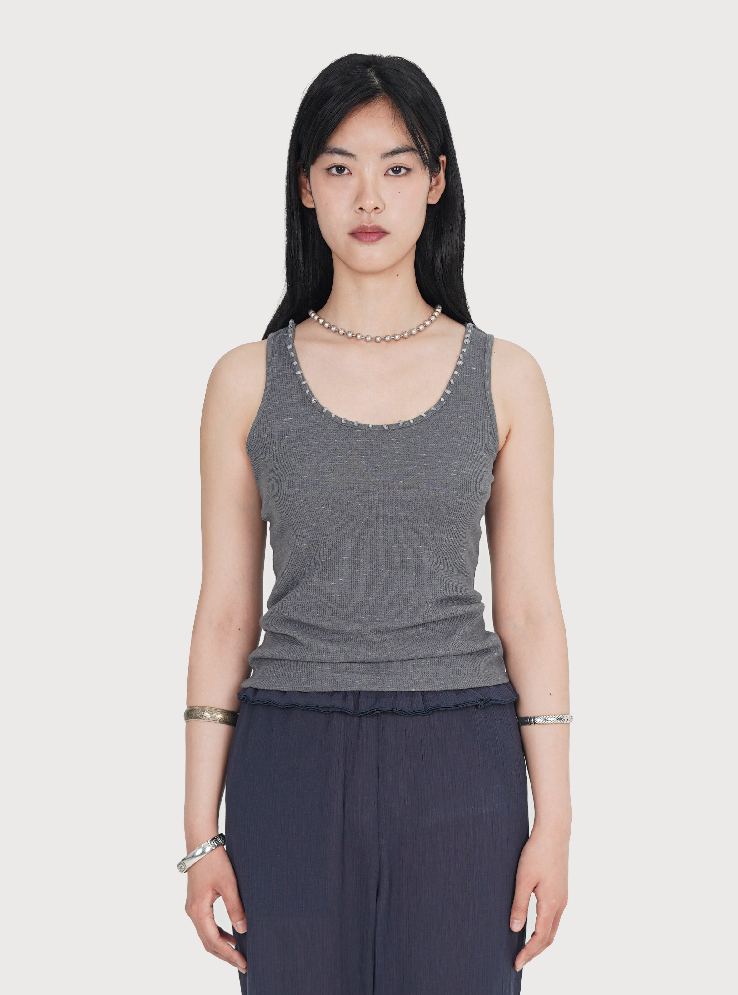 BEADED WAFFLE TANK TOP_DUST GREY