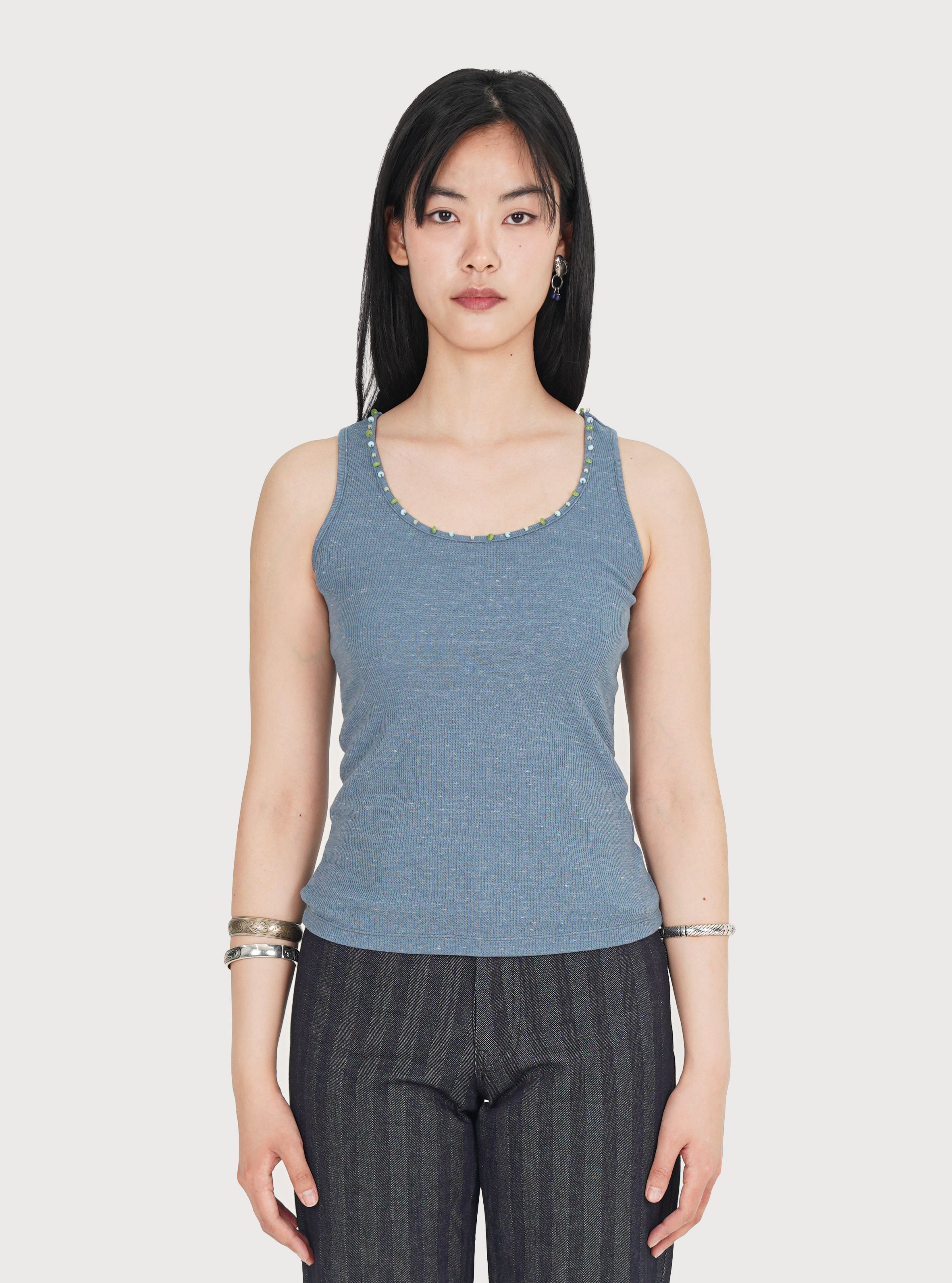 BEADED WAFFLE TANK TOP_WASHED BLUE