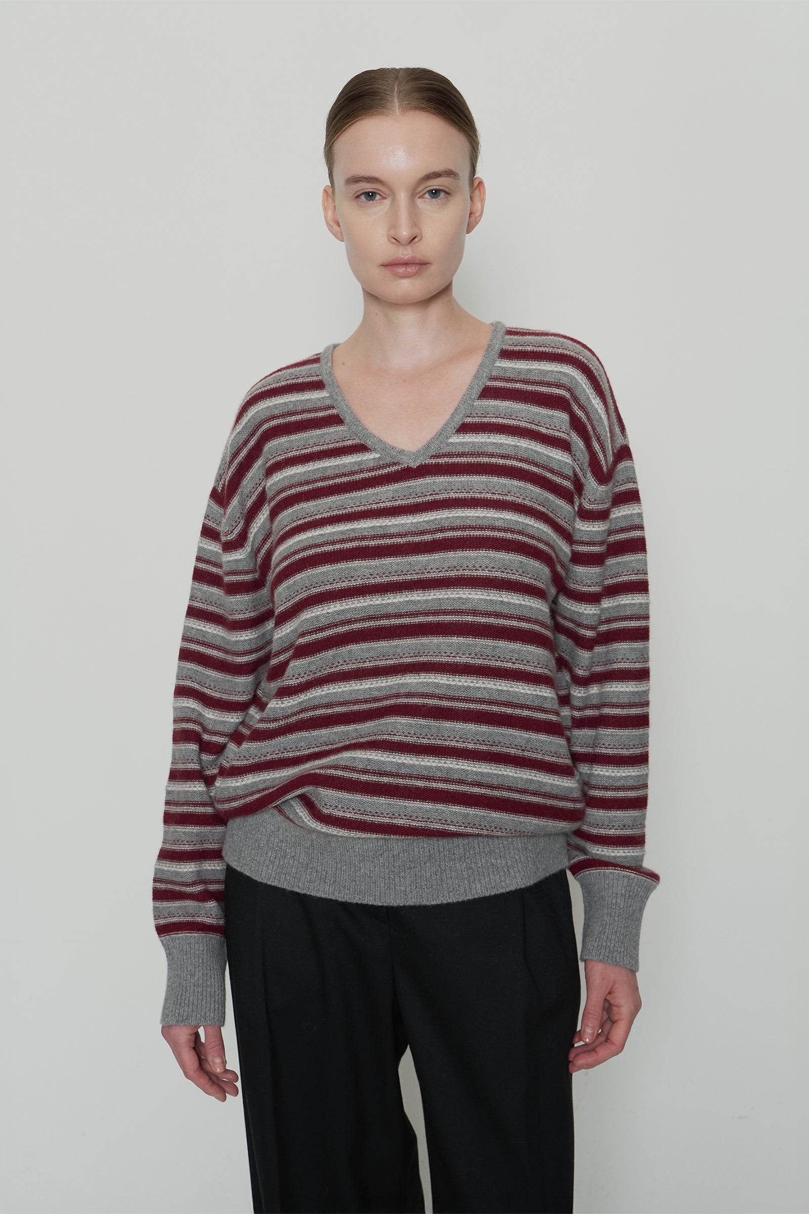 OSCAR STRIPE V-NECK KNIT_WINE