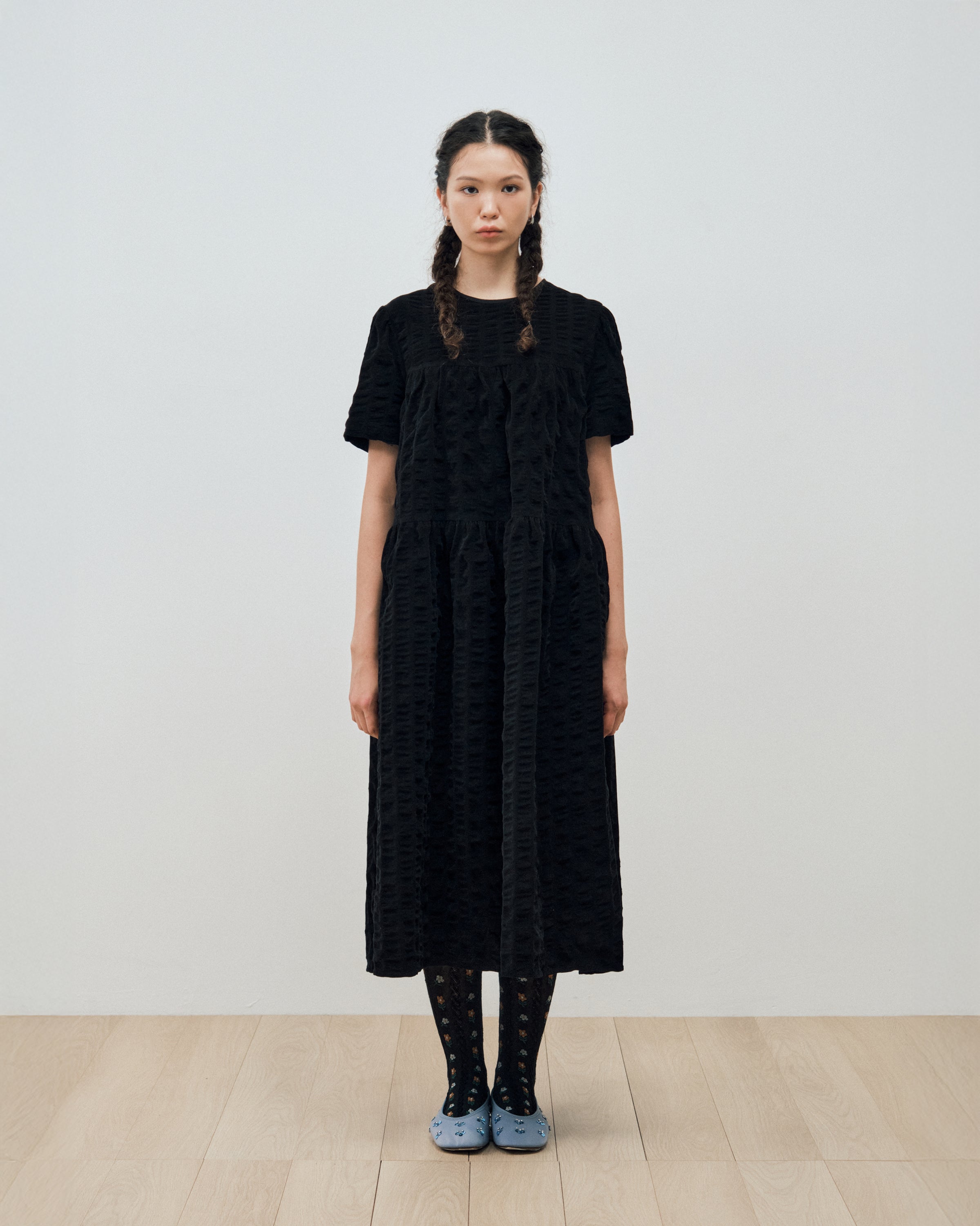 CORDUROY HALF SLEEVE LONG DRESS_BLACK