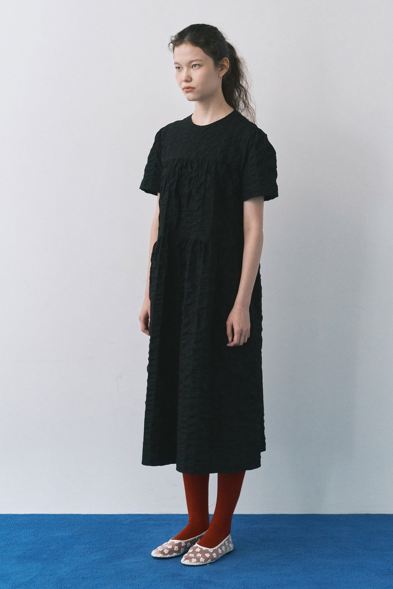 HALF SLEEVE SEERSUCKER MAXI DRESS_BLACK