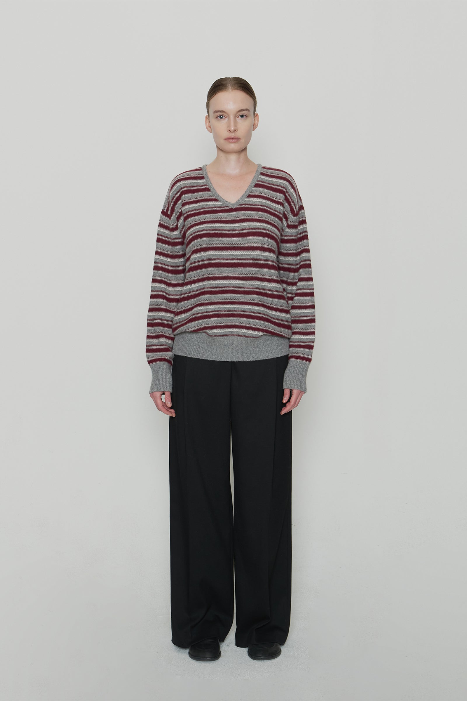 OSCAR STRIPE V-NECK KNIT_WINE