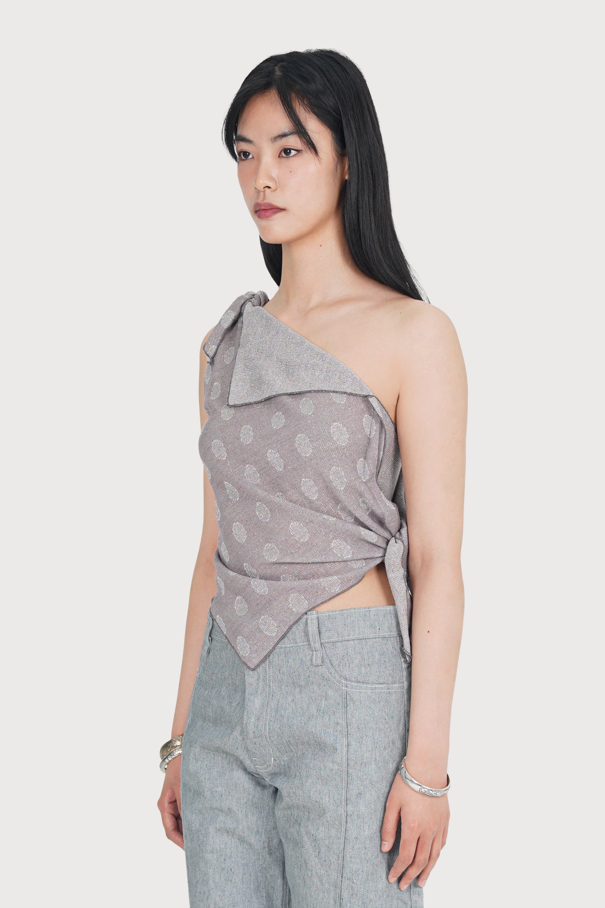 METALLIC WRAP SCARF JERSEY TOP_GREY