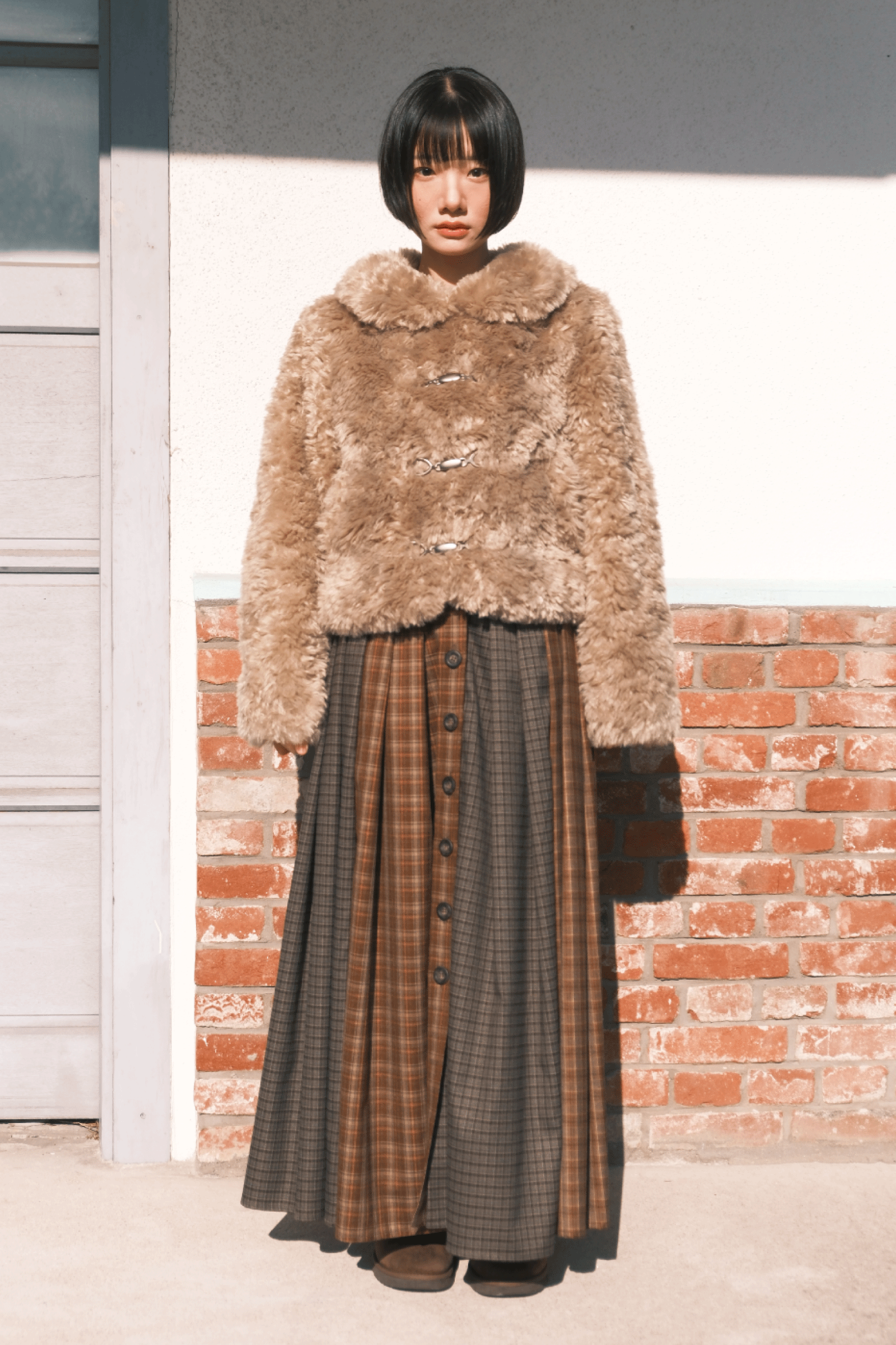 MIX CHECK MAXI SKIRT_BROWN