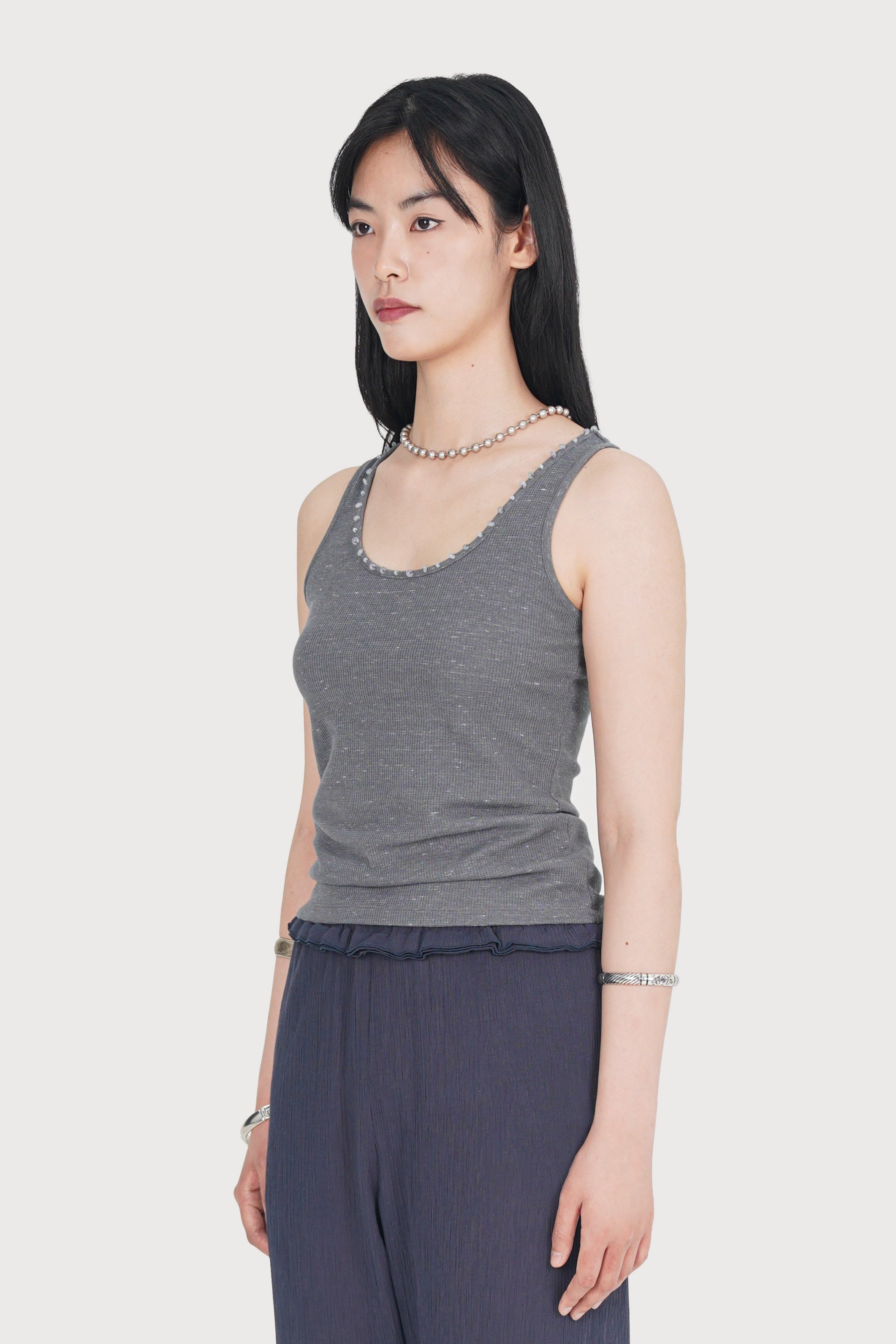 BEADED WAFFLE TANK TOP_DUST GREY