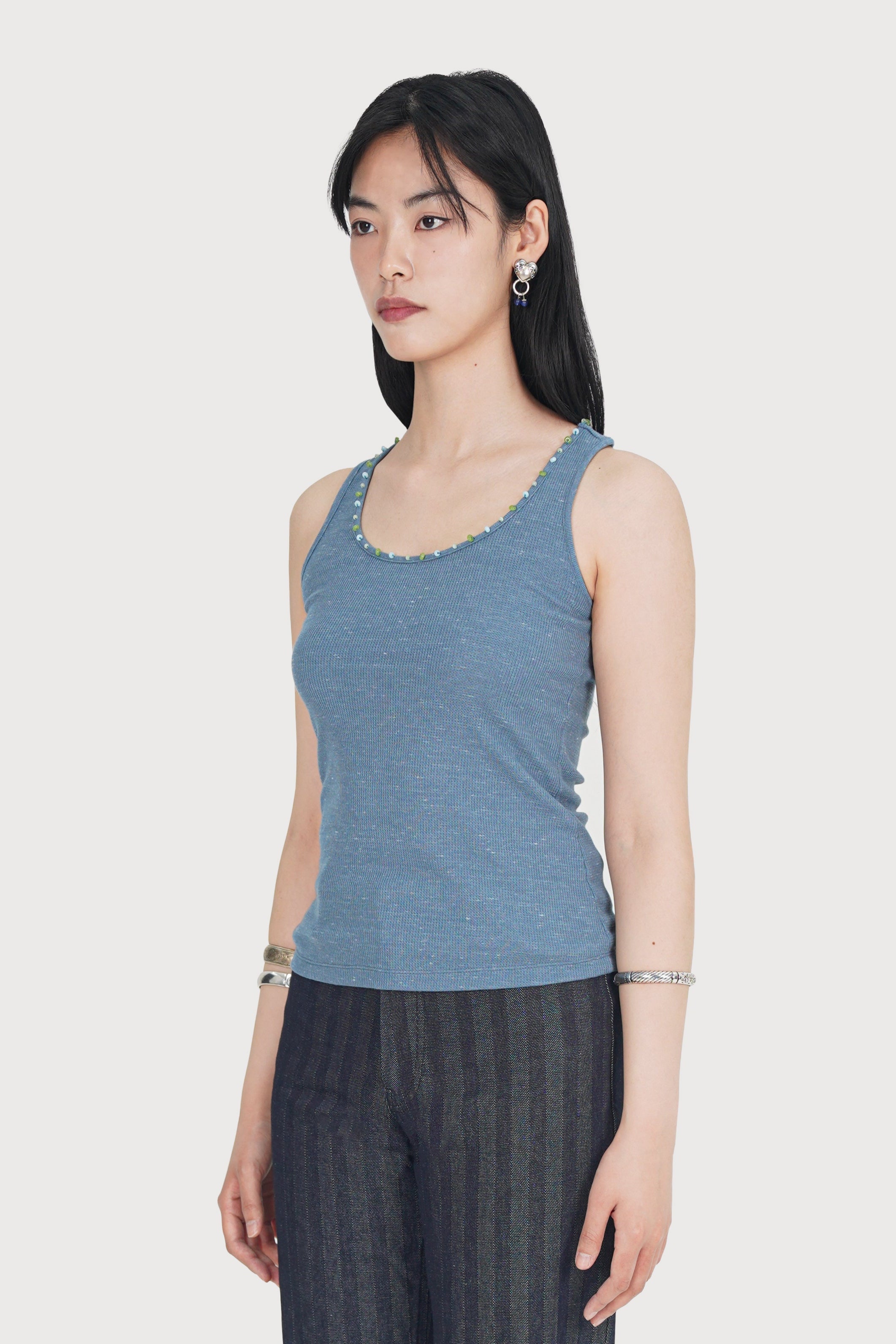 BEADED WAFFLE TANK TOP_WASHED BLUE
