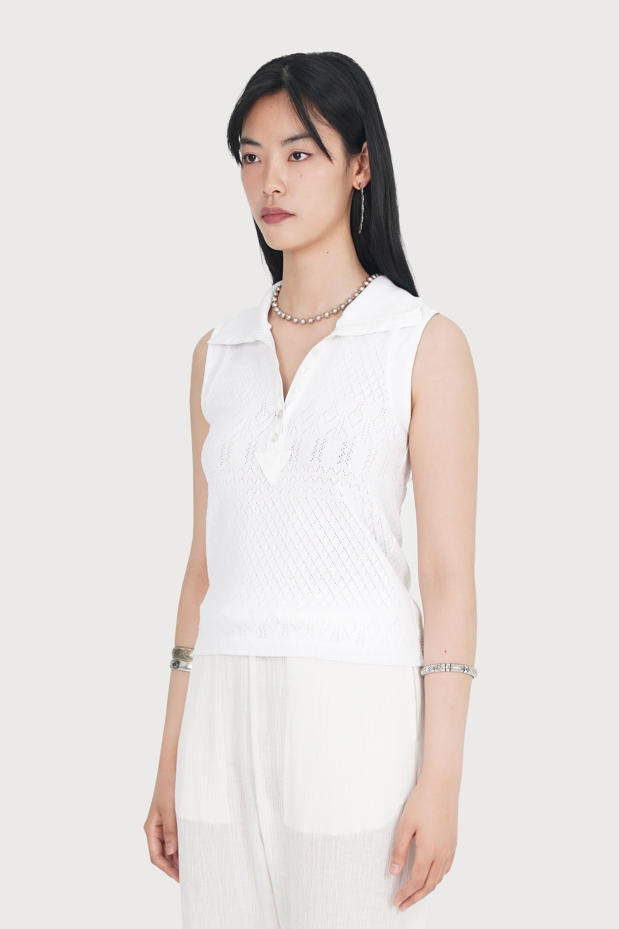 EYELET COTTON JERSEY POLO TOP_WHITE
