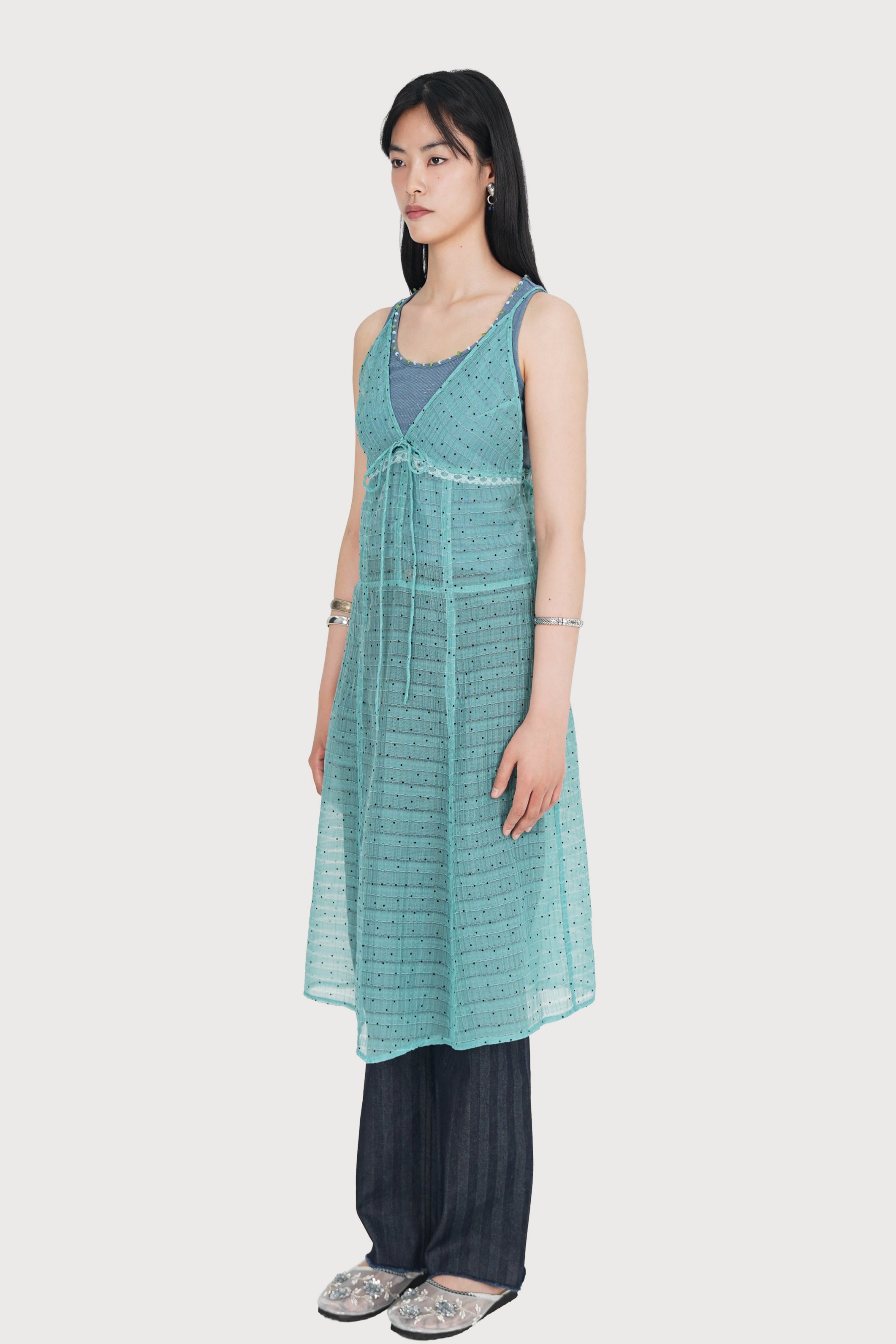 SHEER GRID DOTTED MIDI SLIP DRESS_TURQUOISE