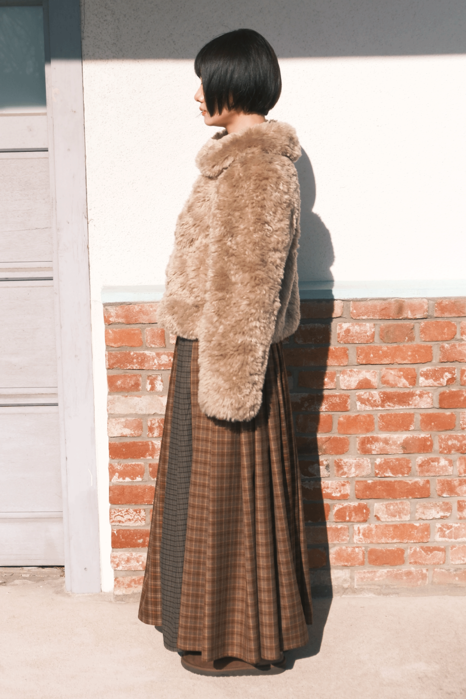 MIX CHECK MAXI SKIRT_BROWN