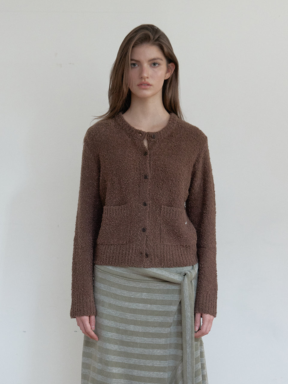 BOUCLE TEXTURE CARDIGAN_BROWN