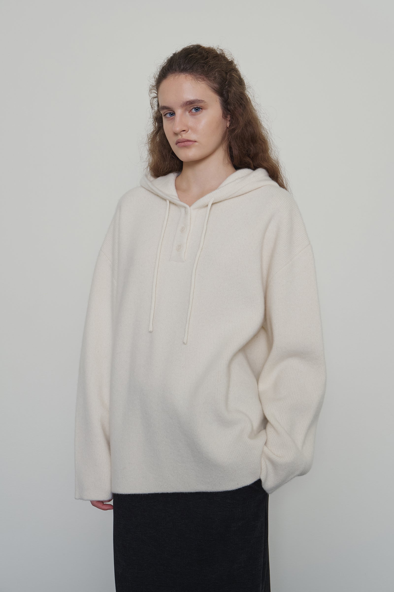 LOOSE WOOL HOODIE KNIT_IVORY