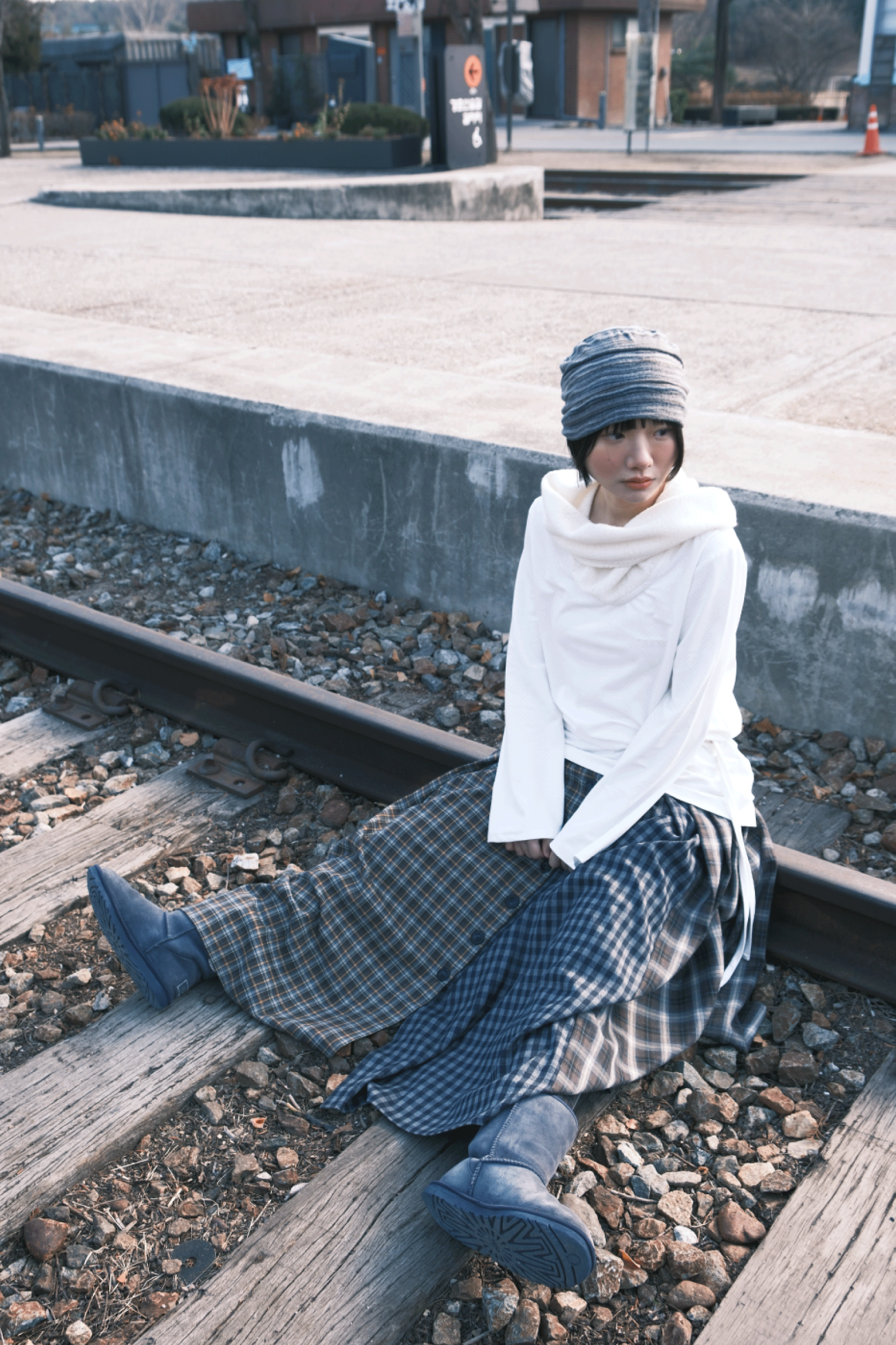 MIX CHECK MAXI SKIRT_NAVY