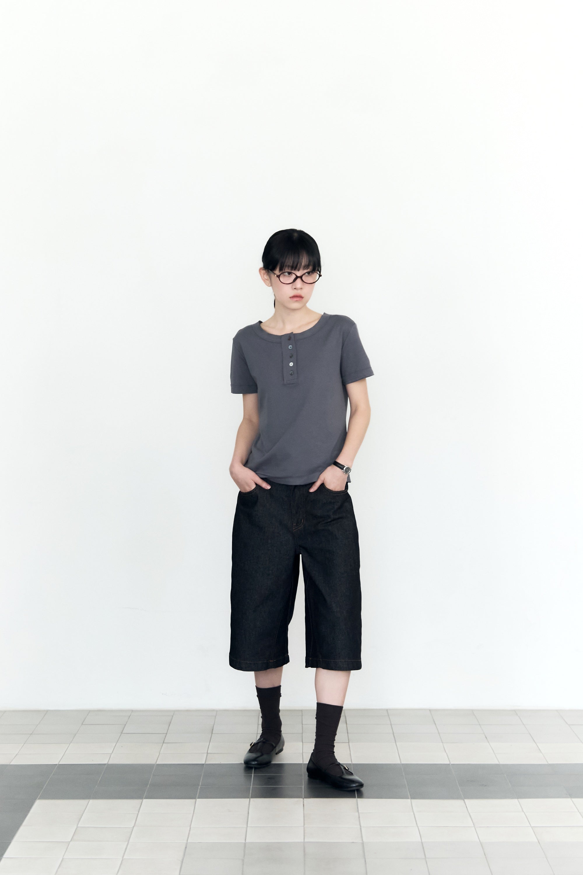 CHECK POCKET STRAIGHT CAPRI PANTS_INDIGO