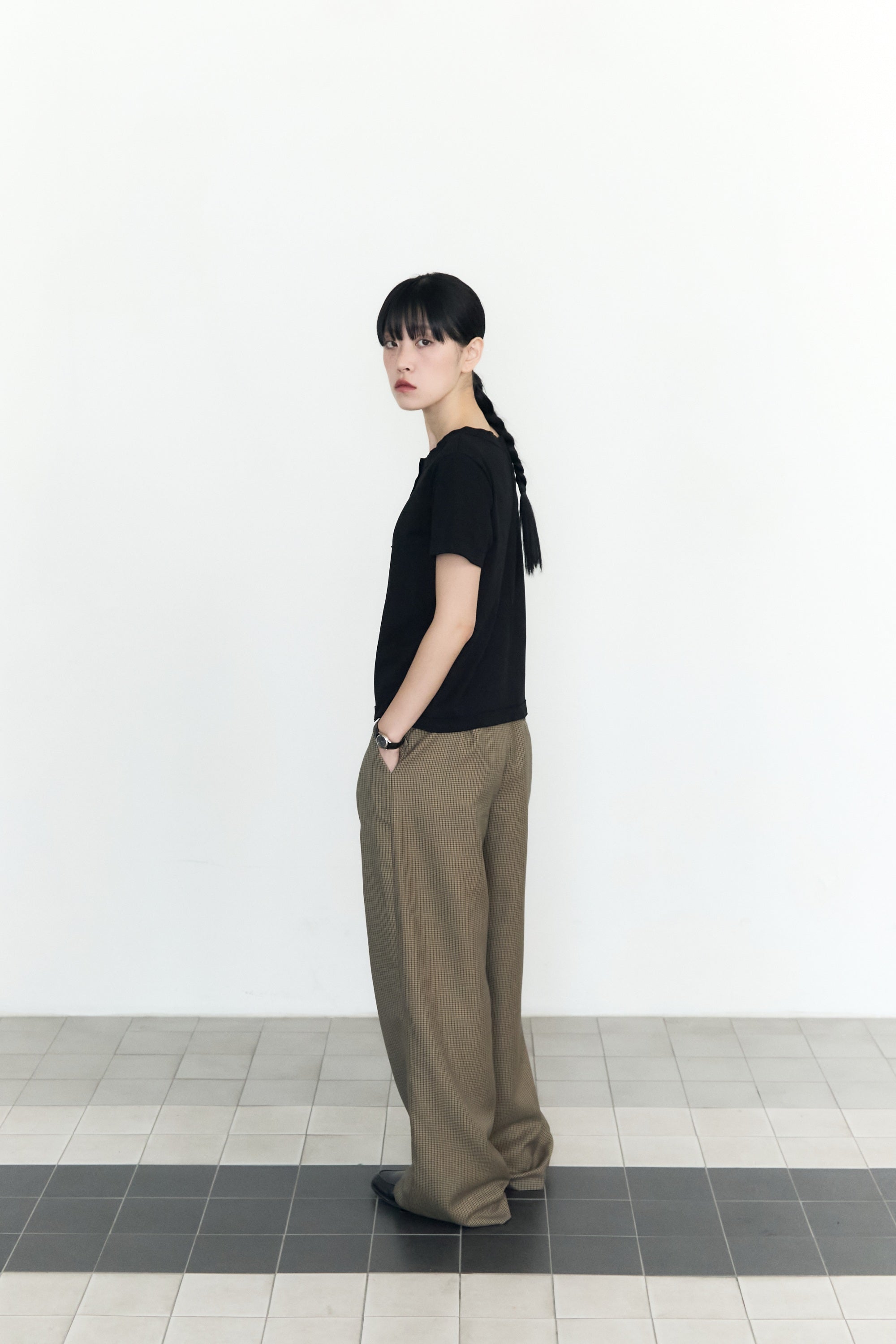 ANTIQUE CHECK TROUSERS_NAVY CAMEL