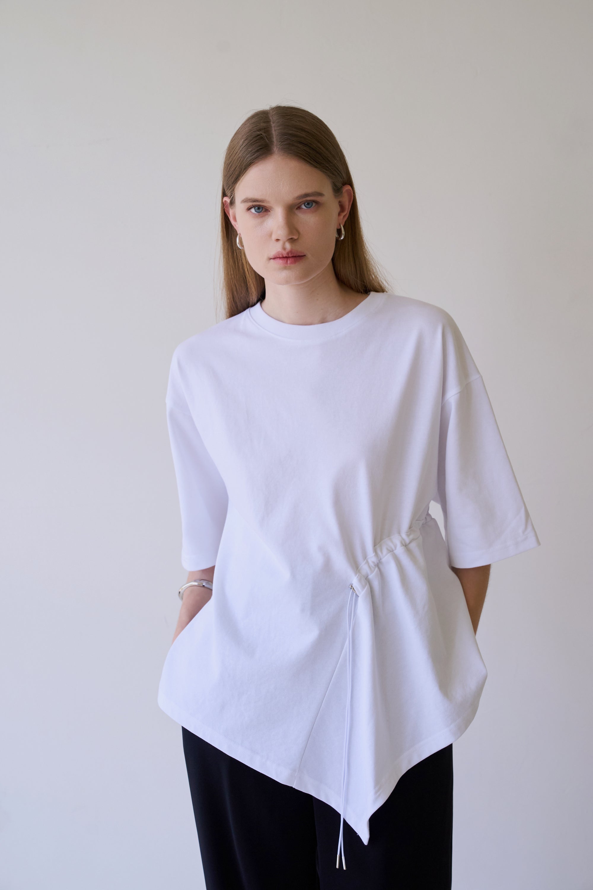 UNBALANCE DRAWSTIRING T-SHIRT_WHITE