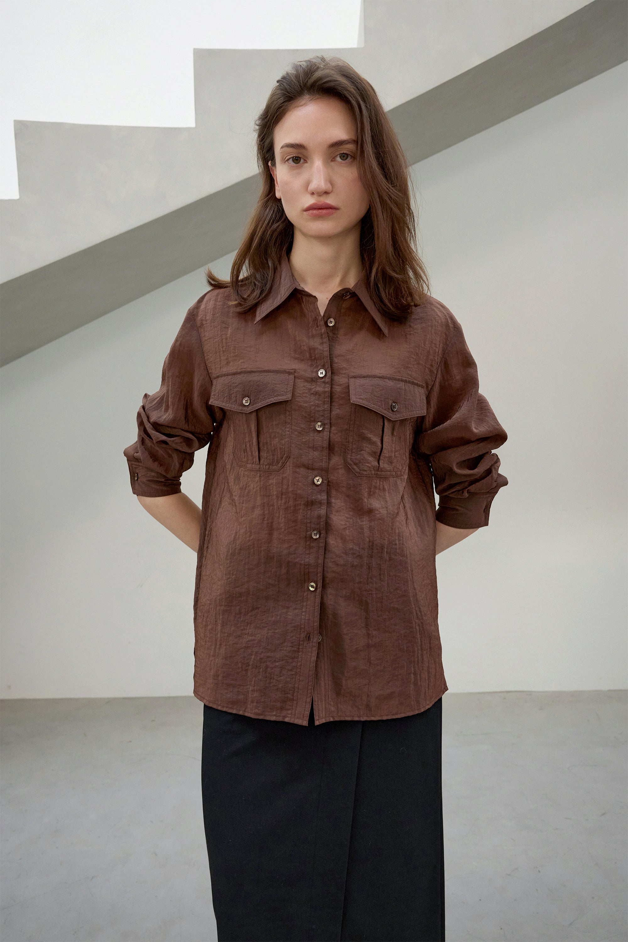 POCKET SHEER SHIRT_BROWN