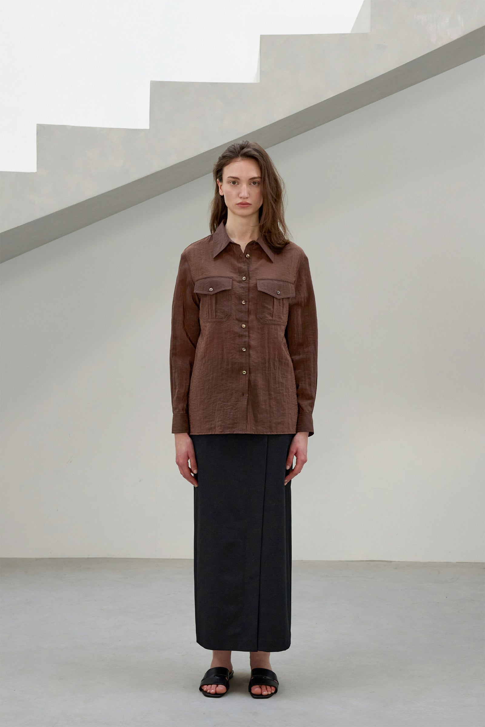 POCKET SHEER SHIRT_BROWN
