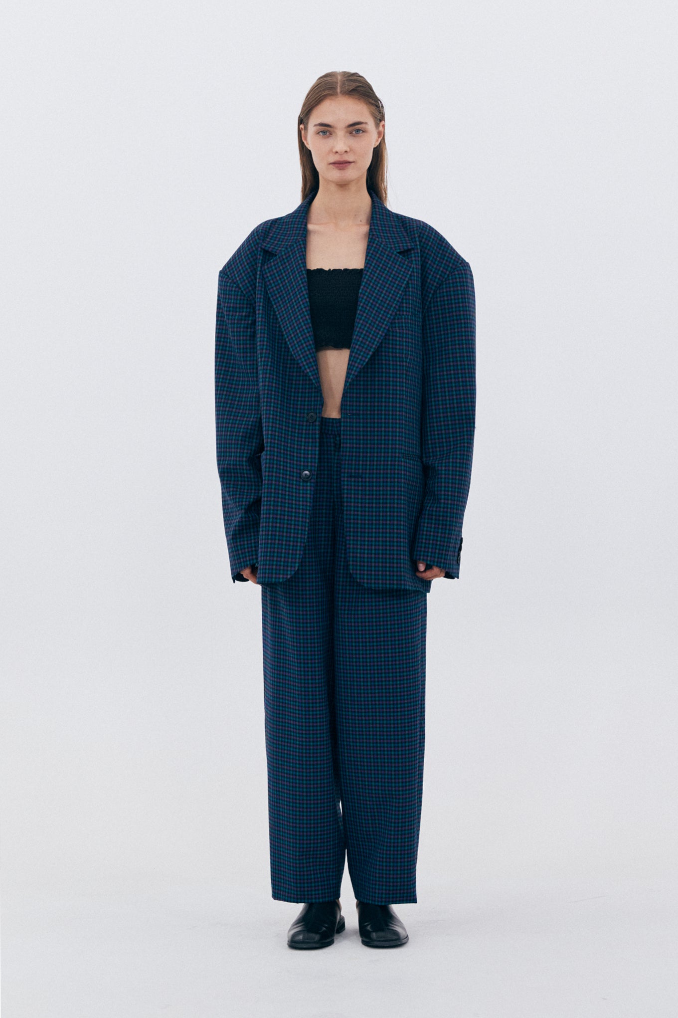 CHECKERED TWO TUCK TROUSERS_NAVY