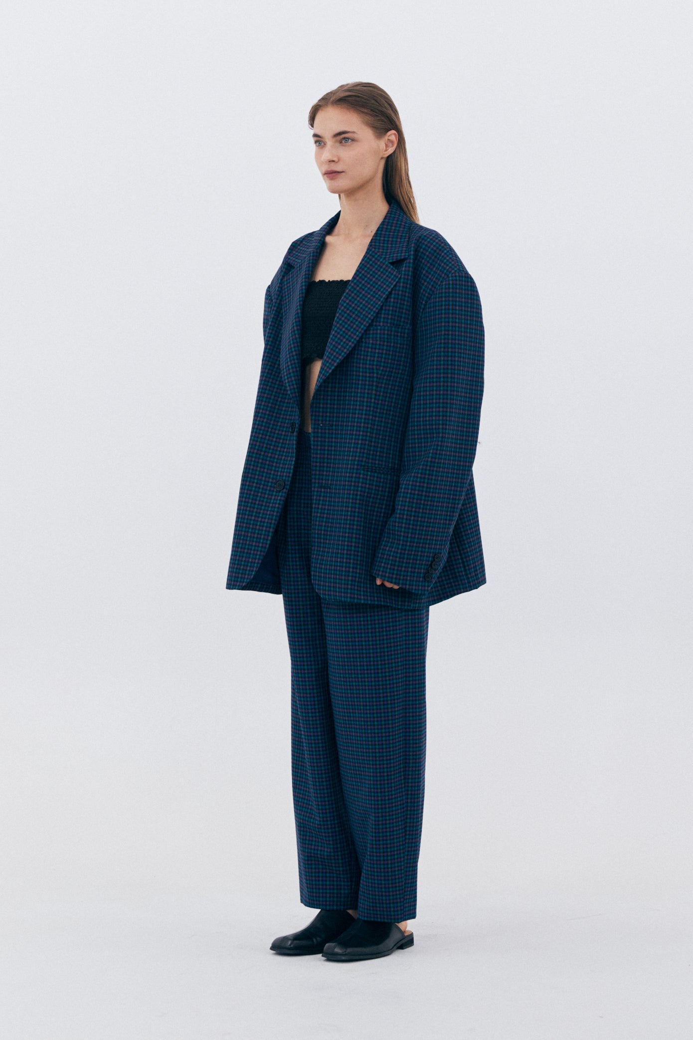 CHECKERED TWO TUCK TROUSERS_NAVY