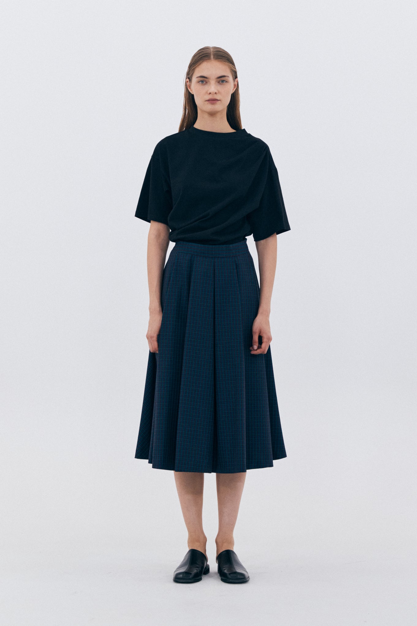 CHECKERED FLARE SKIRT_NAVY