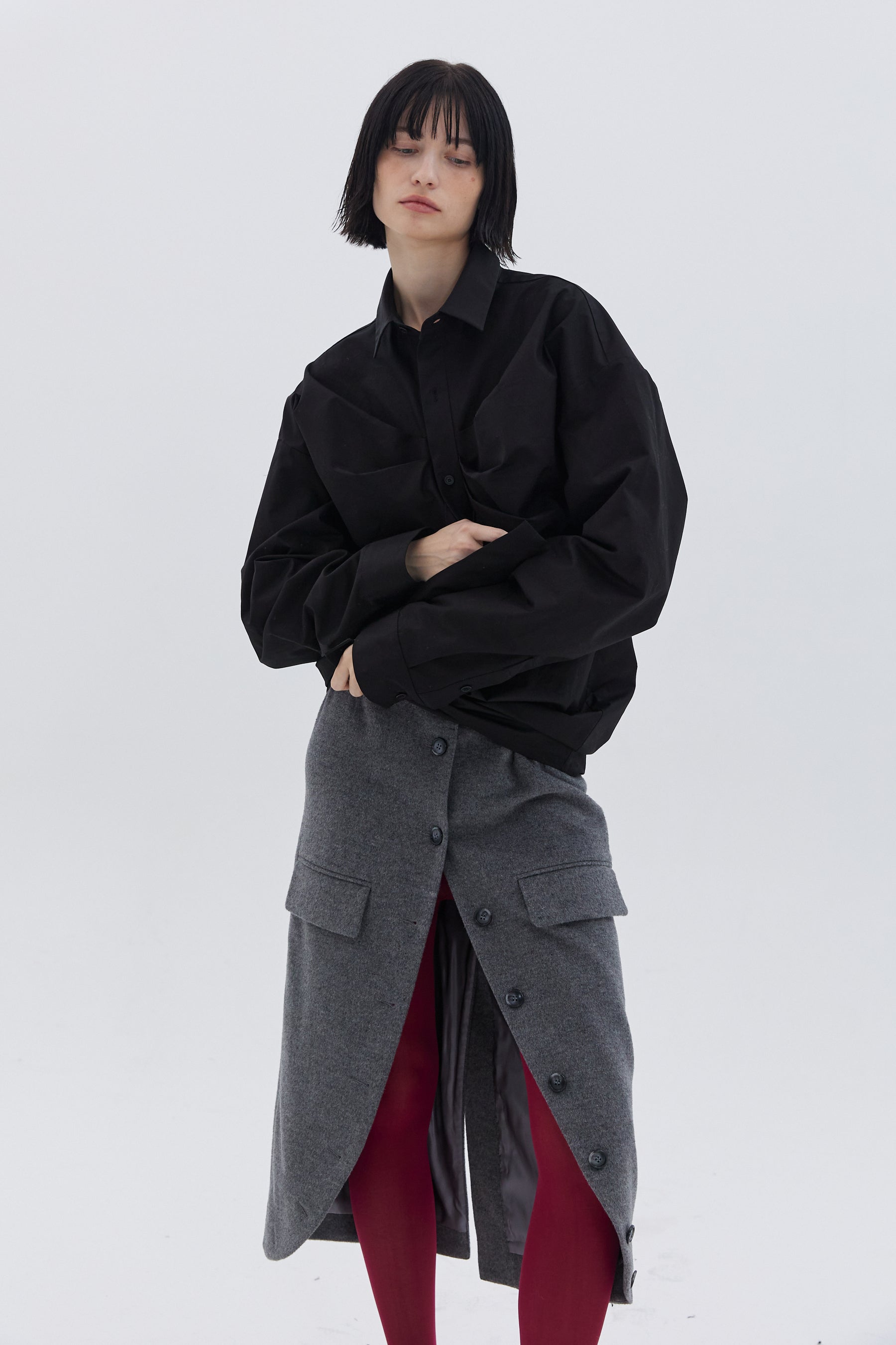 NO LAPEL WOOL SKIRT_GRAY