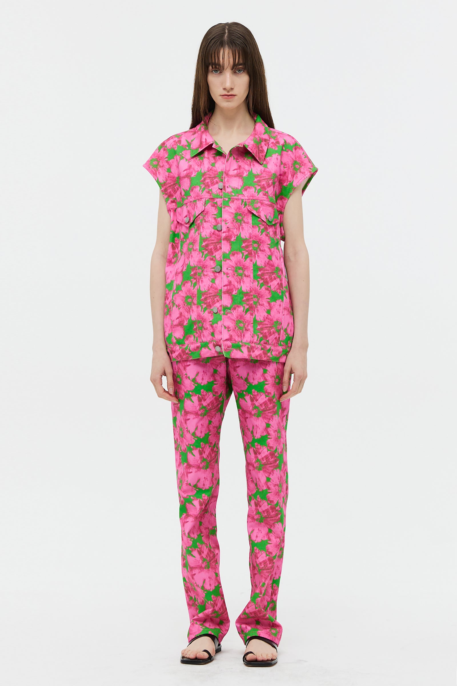 FLOWER SLEEVELESS TRUCKER JACKET_PINK