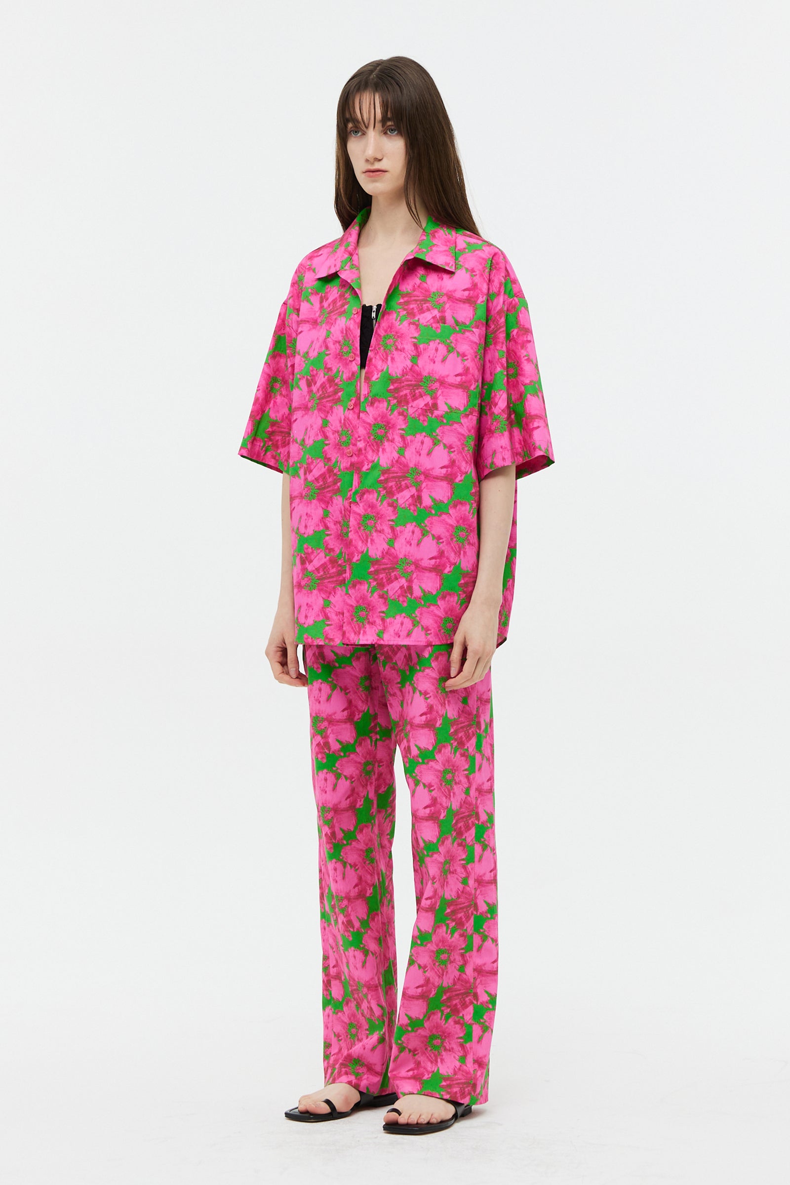 FLOWER COTTON HALF SHIRT_PINK