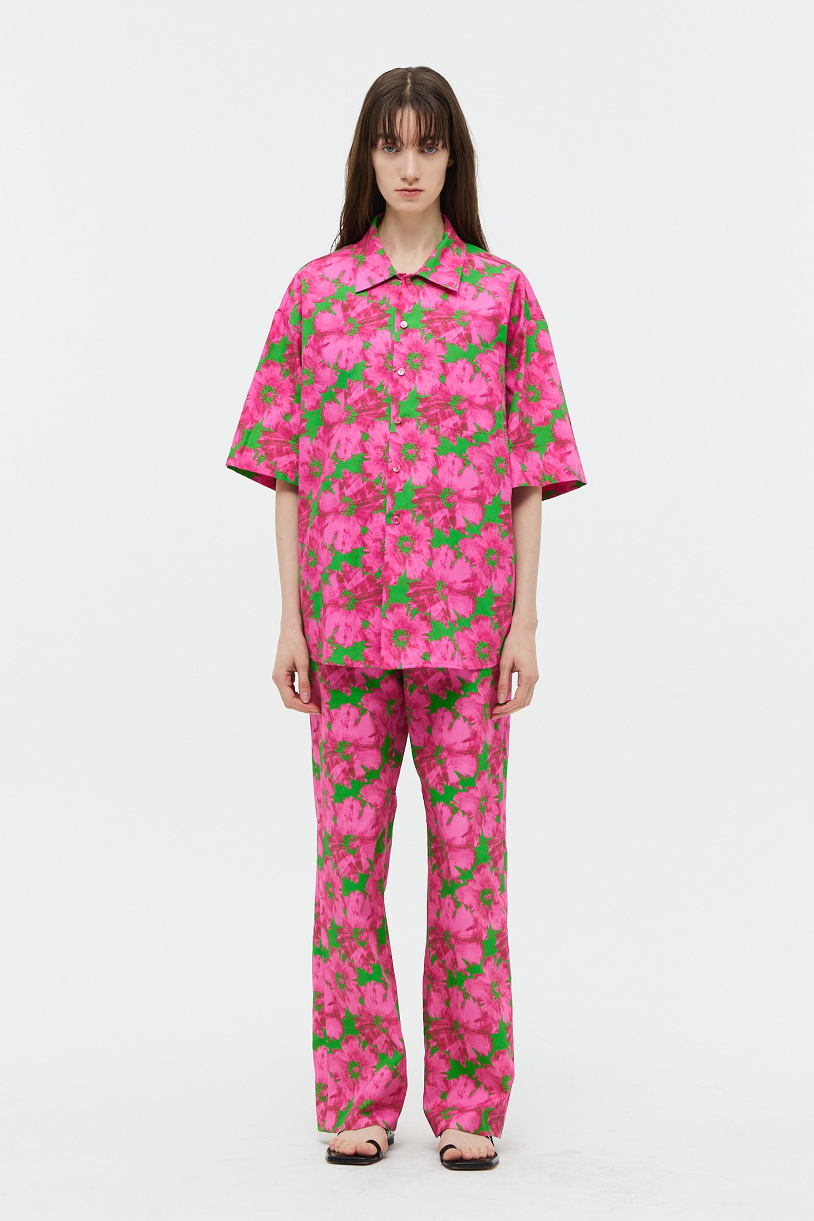 FLOWER COTTON HALF SHIRT_PINK