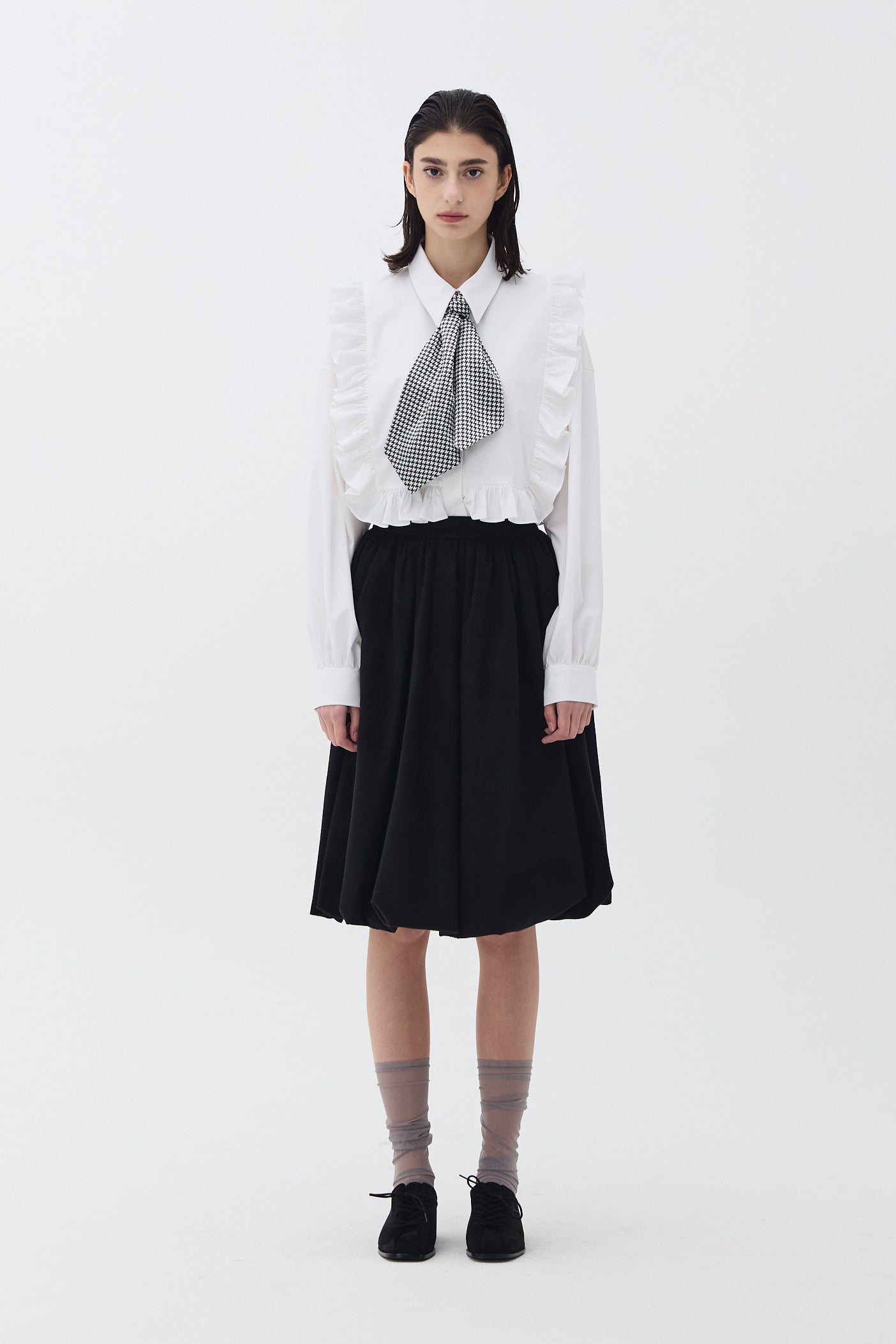 WOOL SHIRRED VOLUME SKIRT_BLACK