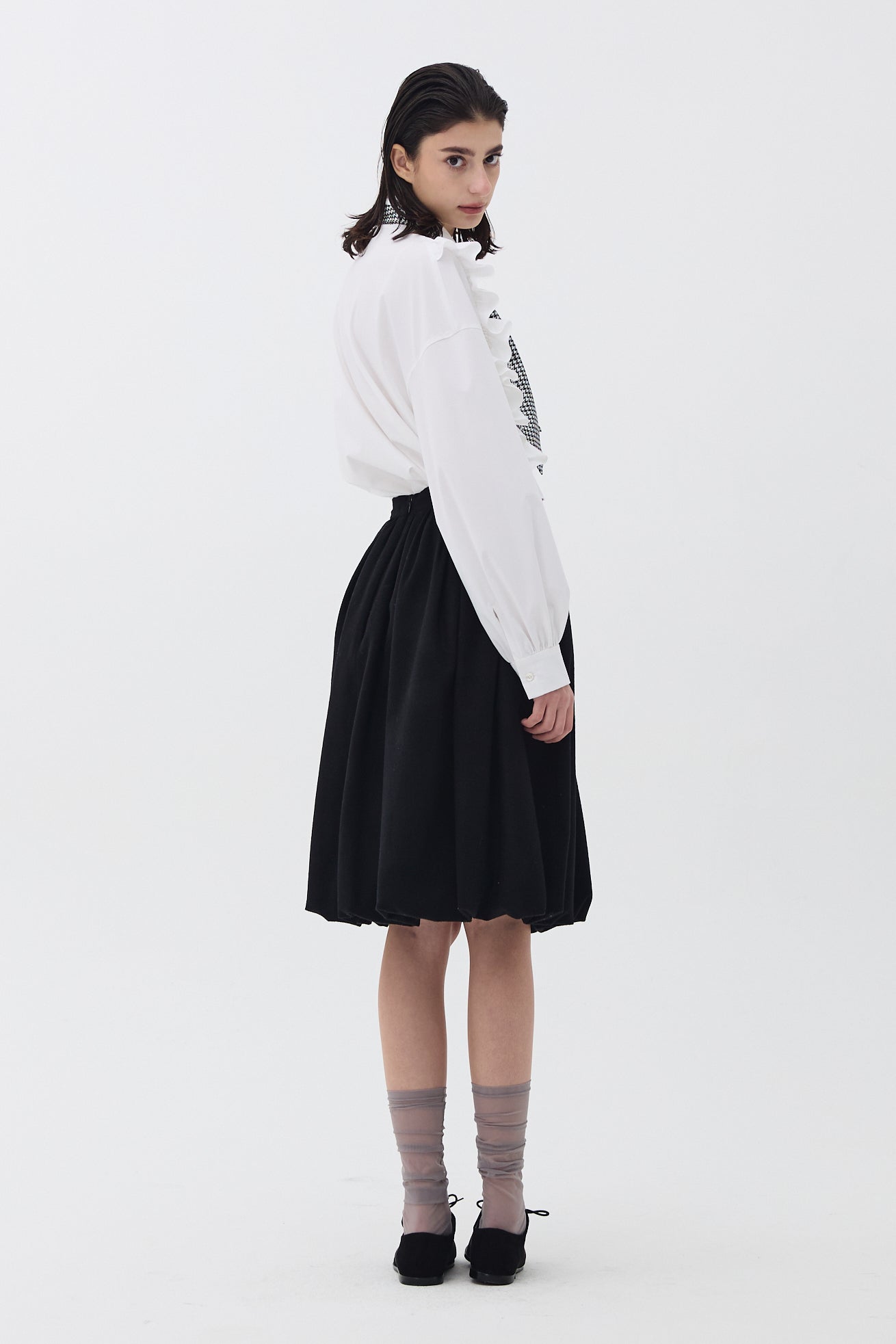 WOOL SHIRRED VOLUME SKIRT_BLACK