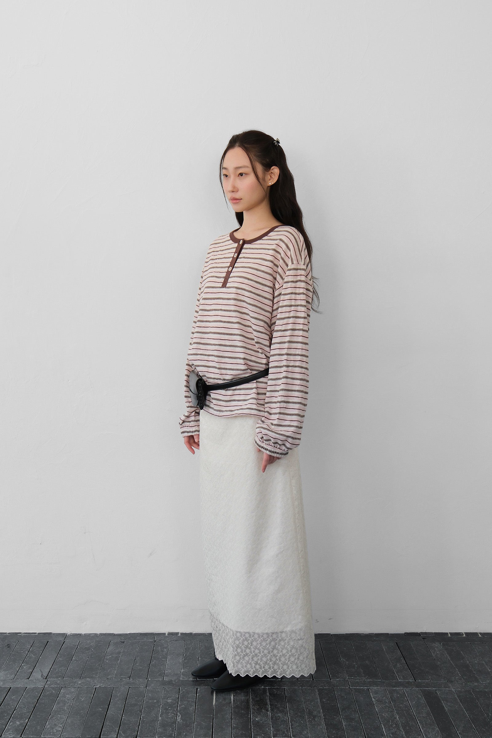 MOUI STRIPE HENLEY SWEATSHIRT_BROWN PINK