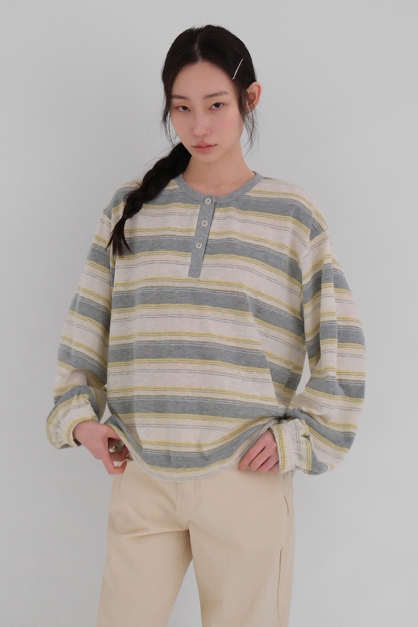 MOUI STRIPE HENLEY SWEATSHIRT_YELLOW GREY