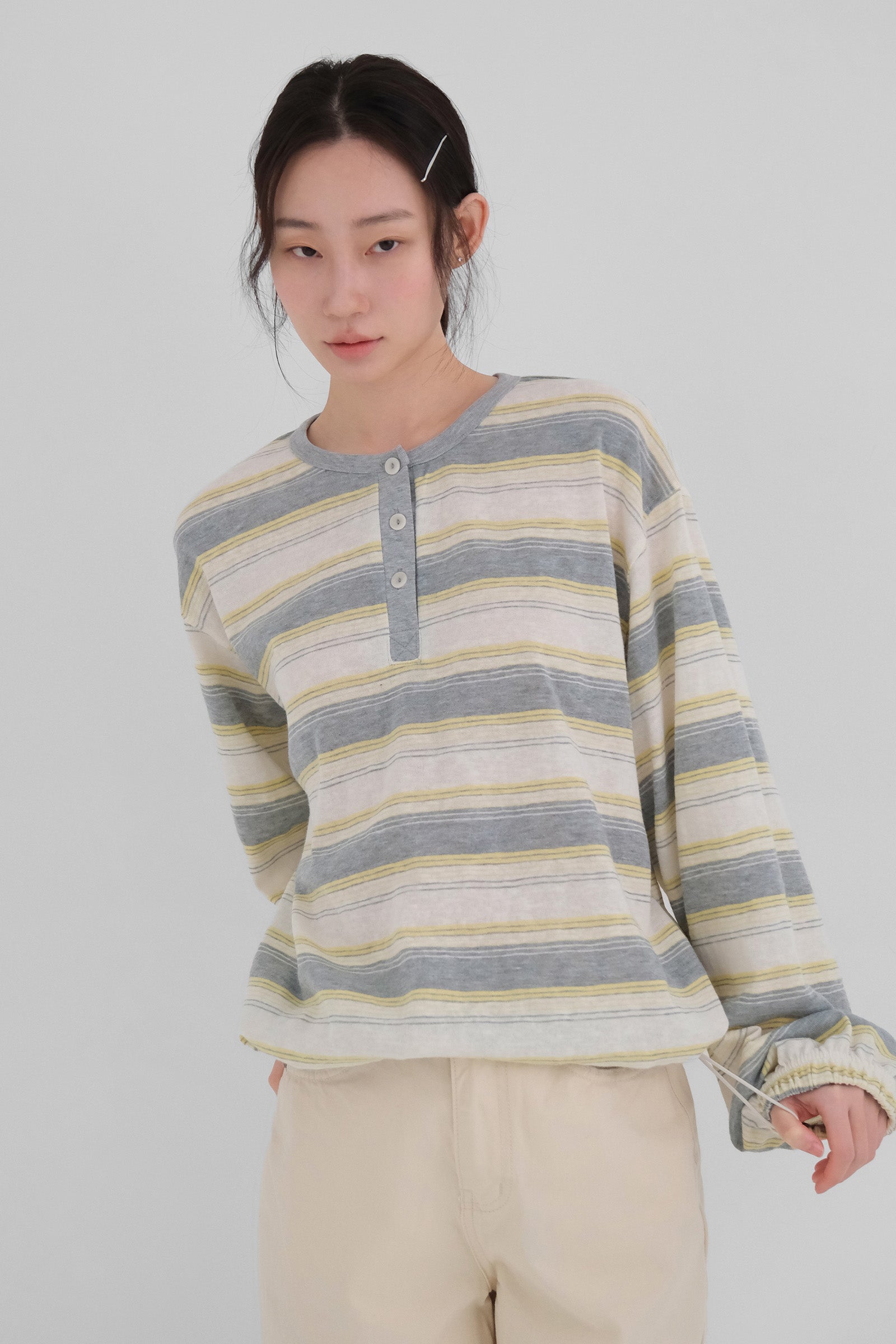 MOUI STRIPE HENLEY SWEATSHIRT_YELLOW GREY