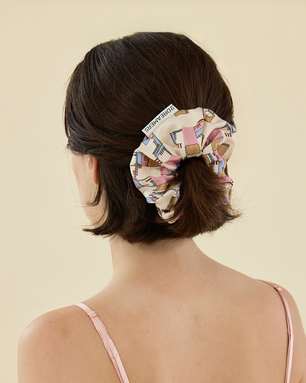 DOODLE GRID SILK SCRUNCHIE_PINK