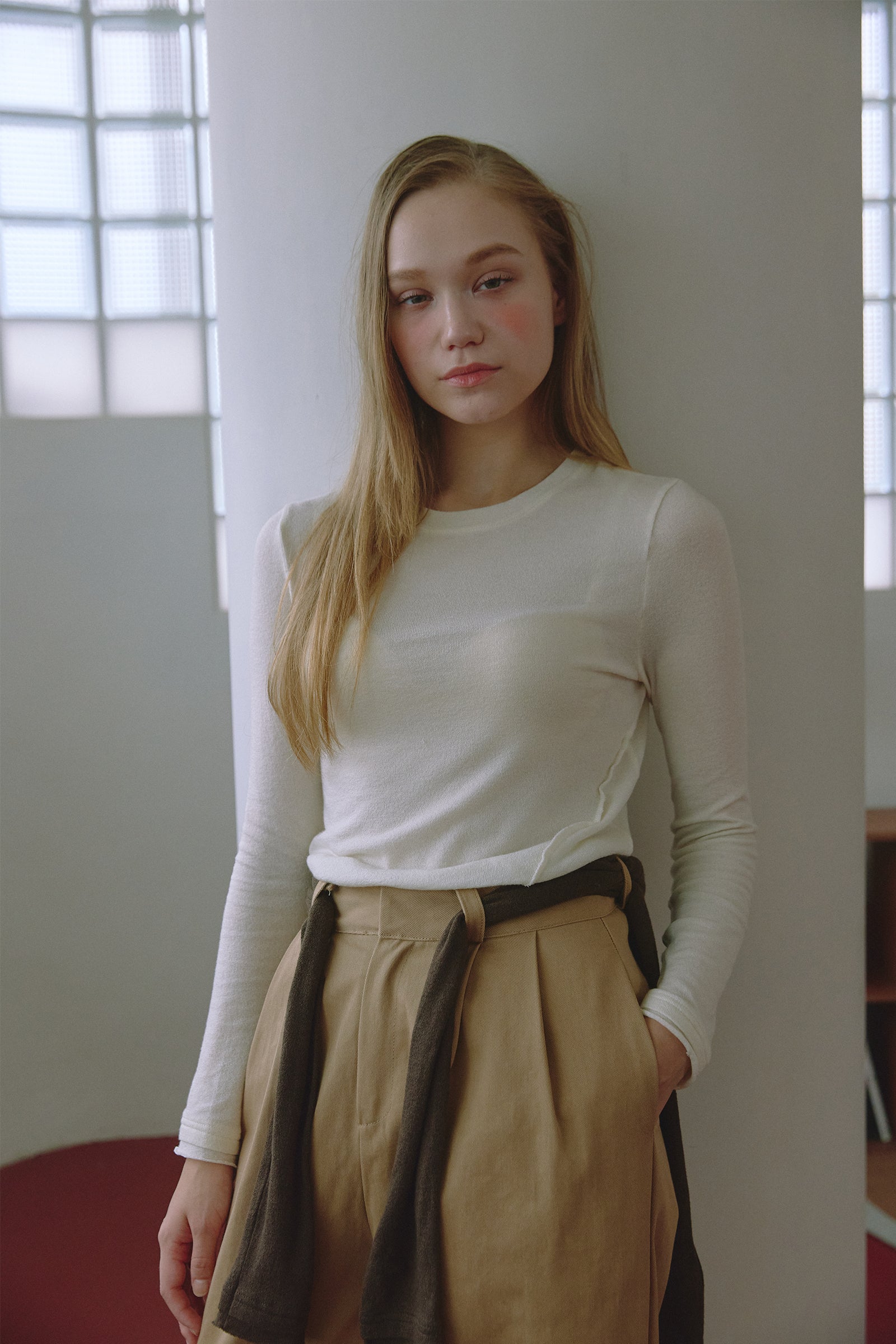 CUTTING LINE WOOL BLEND LONG SLEEVE TOP_IVORY